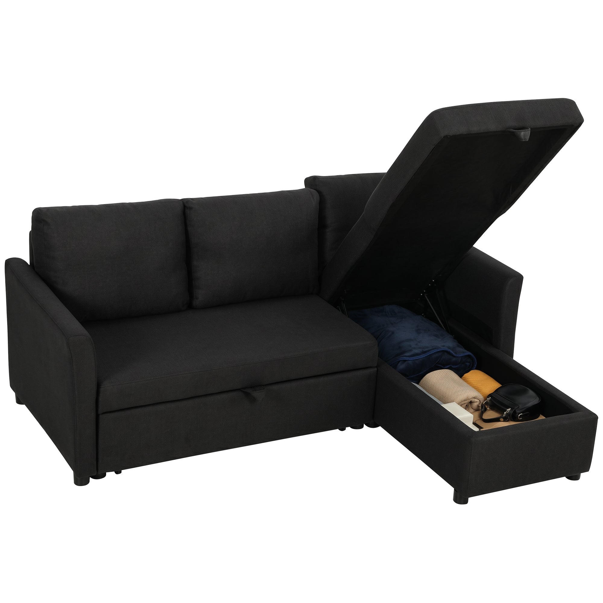 Canapé d'Angle Convertible, Canapé-Lit 3 Places 192 cm avec Méridienne Réversible, Espace de Rangement Caché, Coussins Inclus, Tissu Aspect Lin, pour Salon, Bureau, Appartement, Gris Anthracite