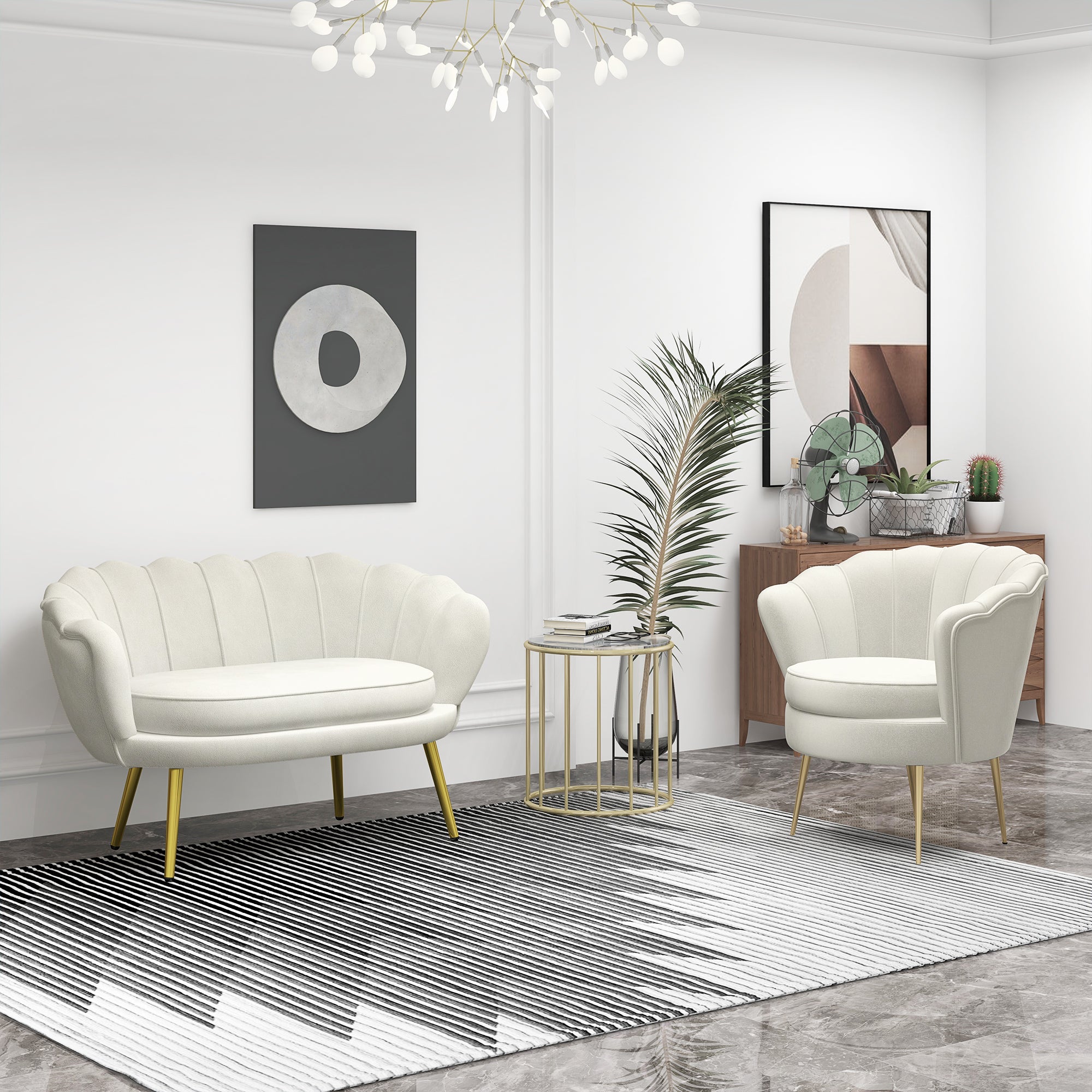 Canapé 2 places en tissu velours, petit canapé, en forme de coquillage, avec coussin épais de 10 cm, canapé, structure en métal, pieds dorés effilés, facile à assembler, crème