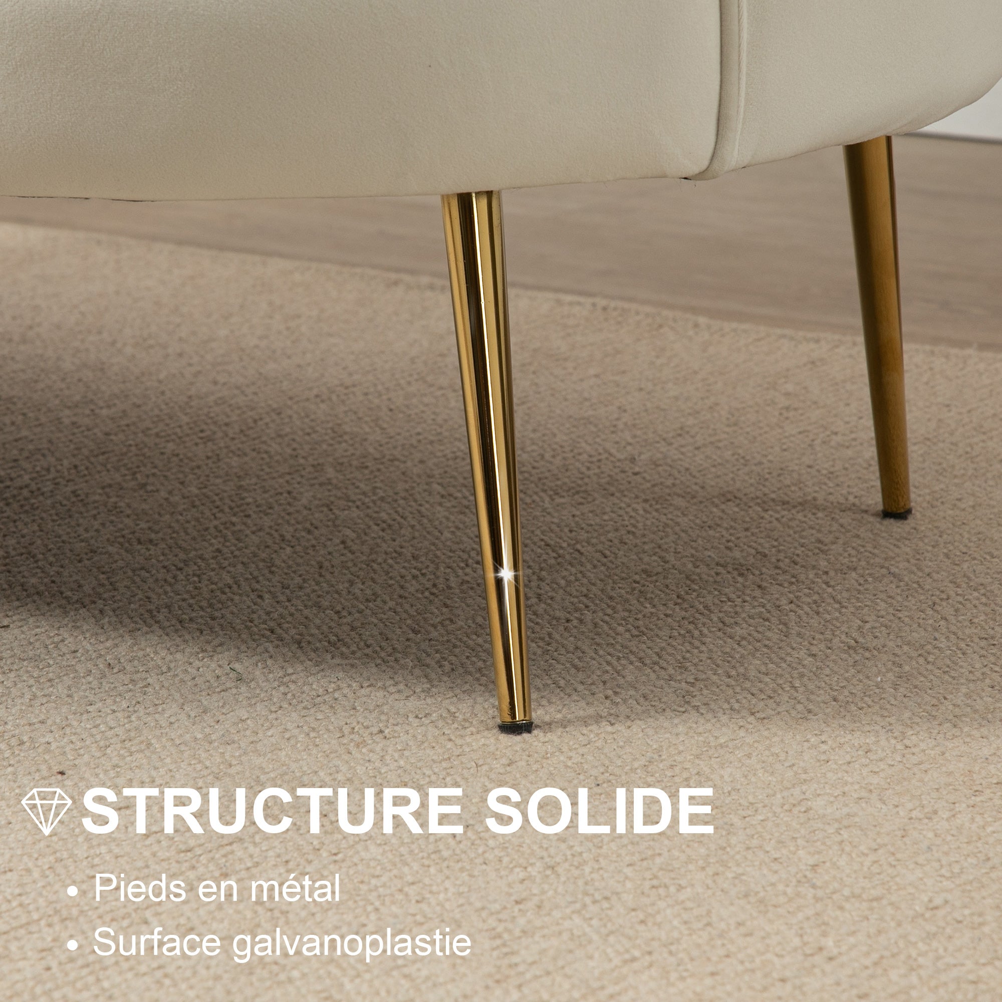 Canapé 2 places en tissu velours, petit canapé, en forme de coquillage, avec coussin épais de 10 cm, canapé, structure en métal, pieds dorés effilés, facile à assembler, crème