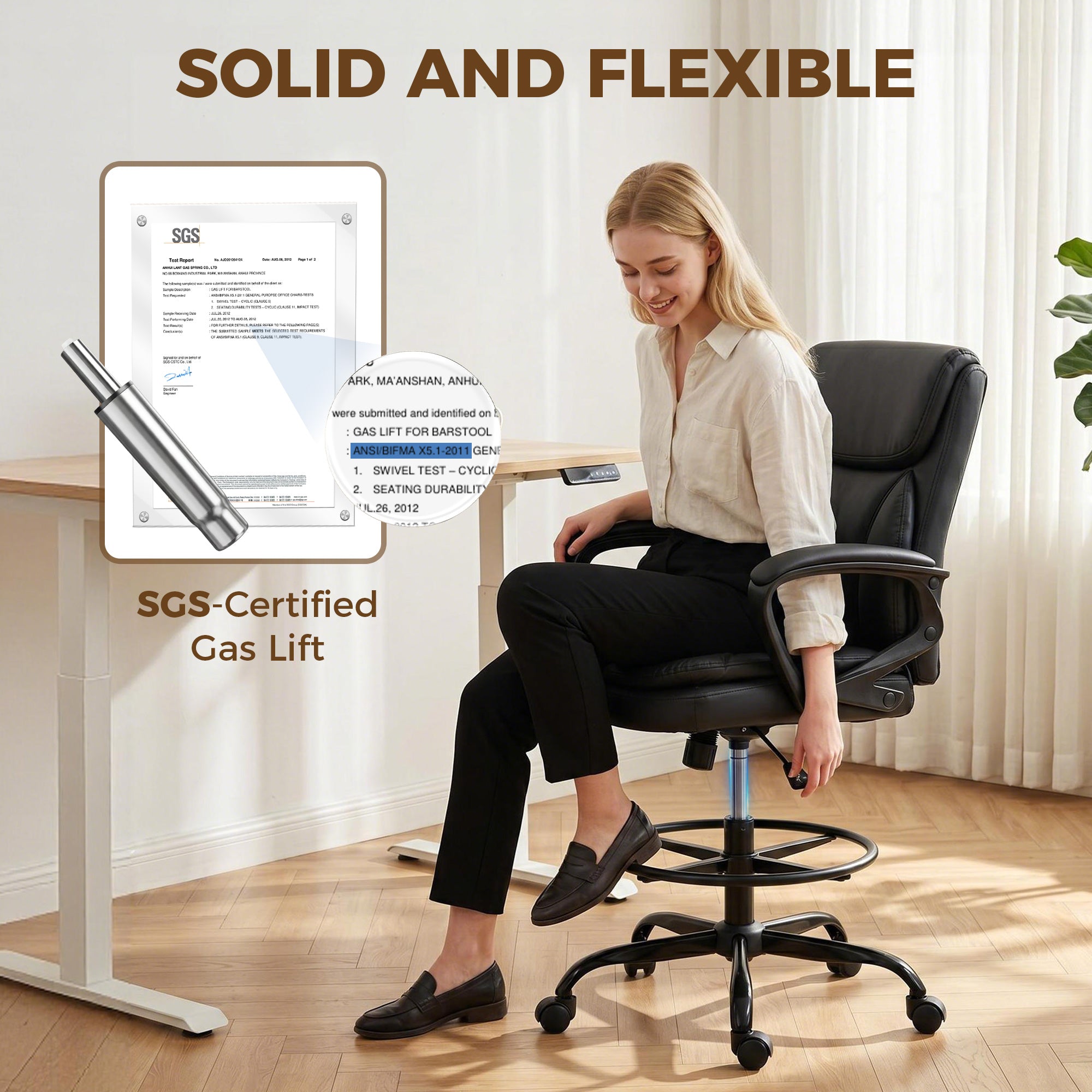 Chaise bureau ergonomique, chaise de dessin réglable en hauteur, fauteuil de bureau avec accoudoirs et repose-pieds réglable, rembourrage double, pivotant, pour studio, travail à domicile, noir