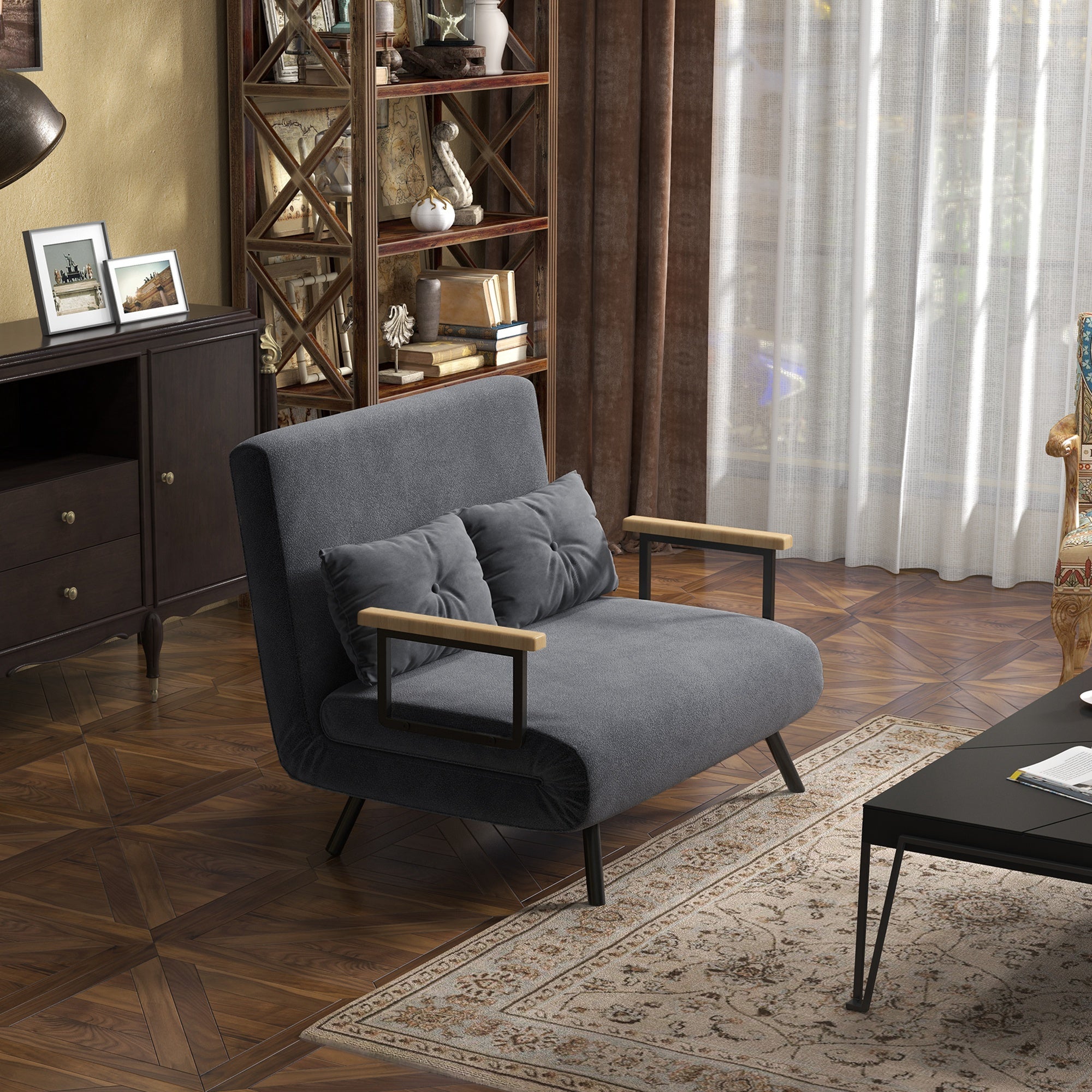 Canapé convertible 2 places 4 en 1, chauffeuse, fauteuil-lit pliant avec dossier réglable 5 niveaux et 2 coussins rembourrés, tissu effet velours pour salon, chambre d'amis, 102x73x81cm, gris