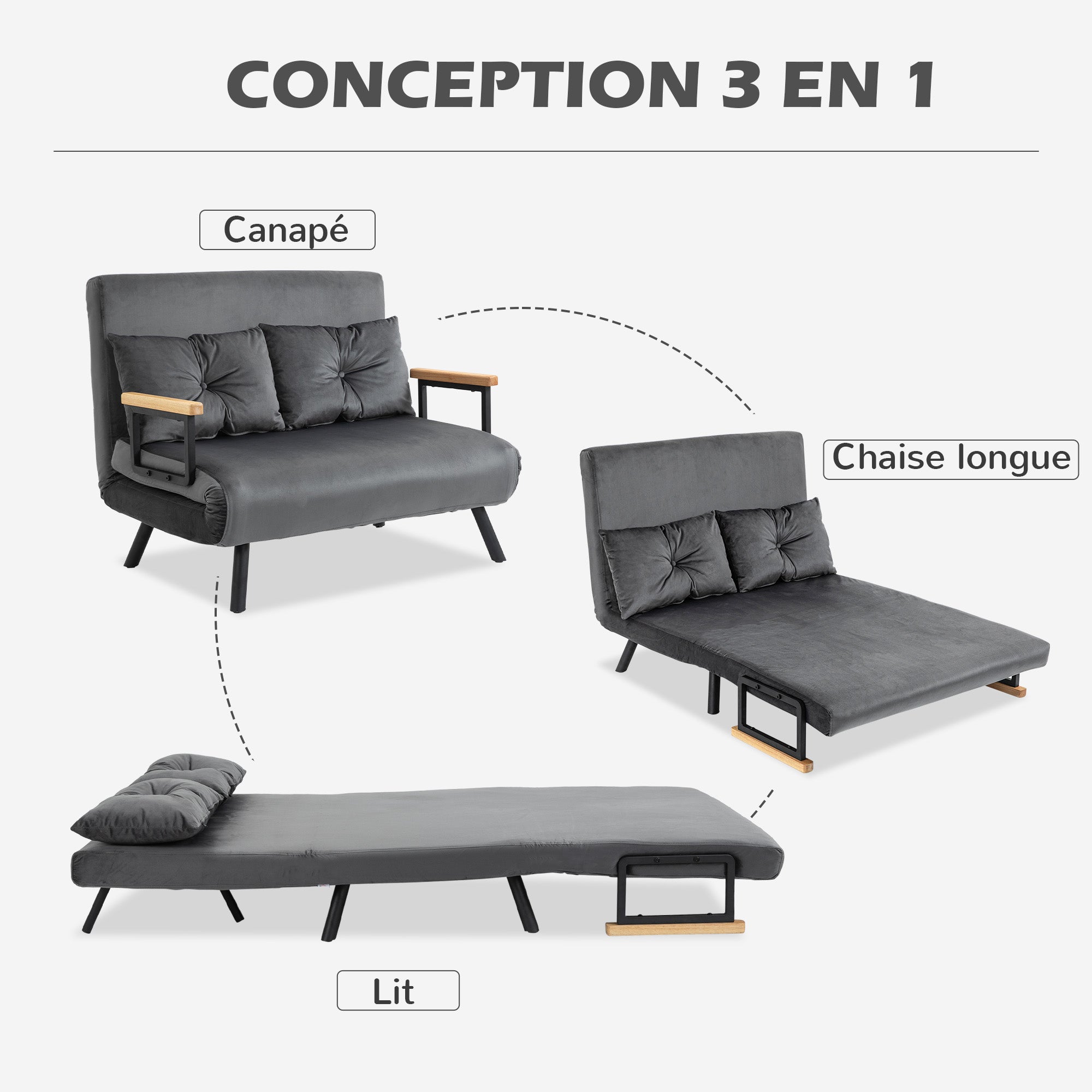 Canapé convertible 2 places 4 en 1, chauffeuse, fauteuil-lit pliant avec dossier réglable 5 niveaux et 2 coussins rembourrés, tissu effet velours pour salon, chambre d'amis, 102x73x81cm, gris