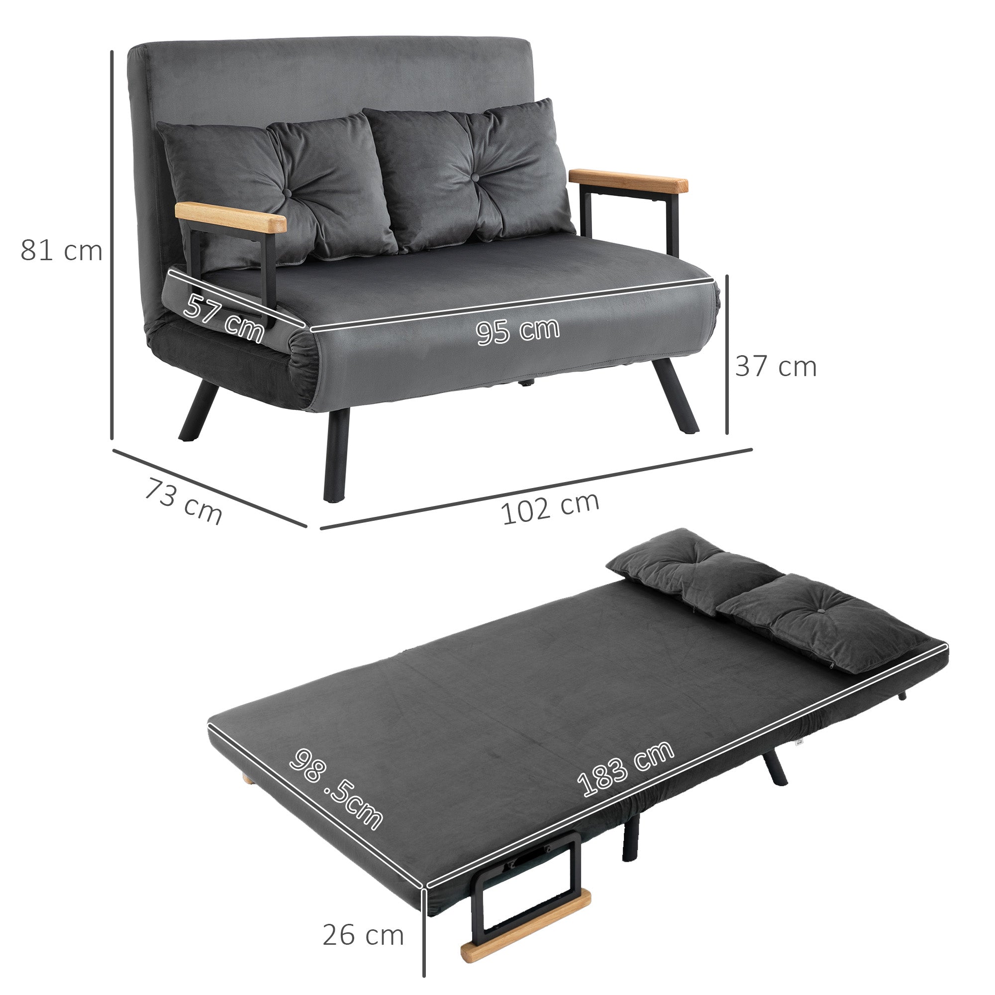 Canapé convertible 2 places 4 en 1, chauffeuse, fauteuil-lit pliant avec dossier réglable 5 niveaux et 2 coussins rembourrés, tissu effet velours pour salon, chambre d'amis, 102x73x81cm, gris