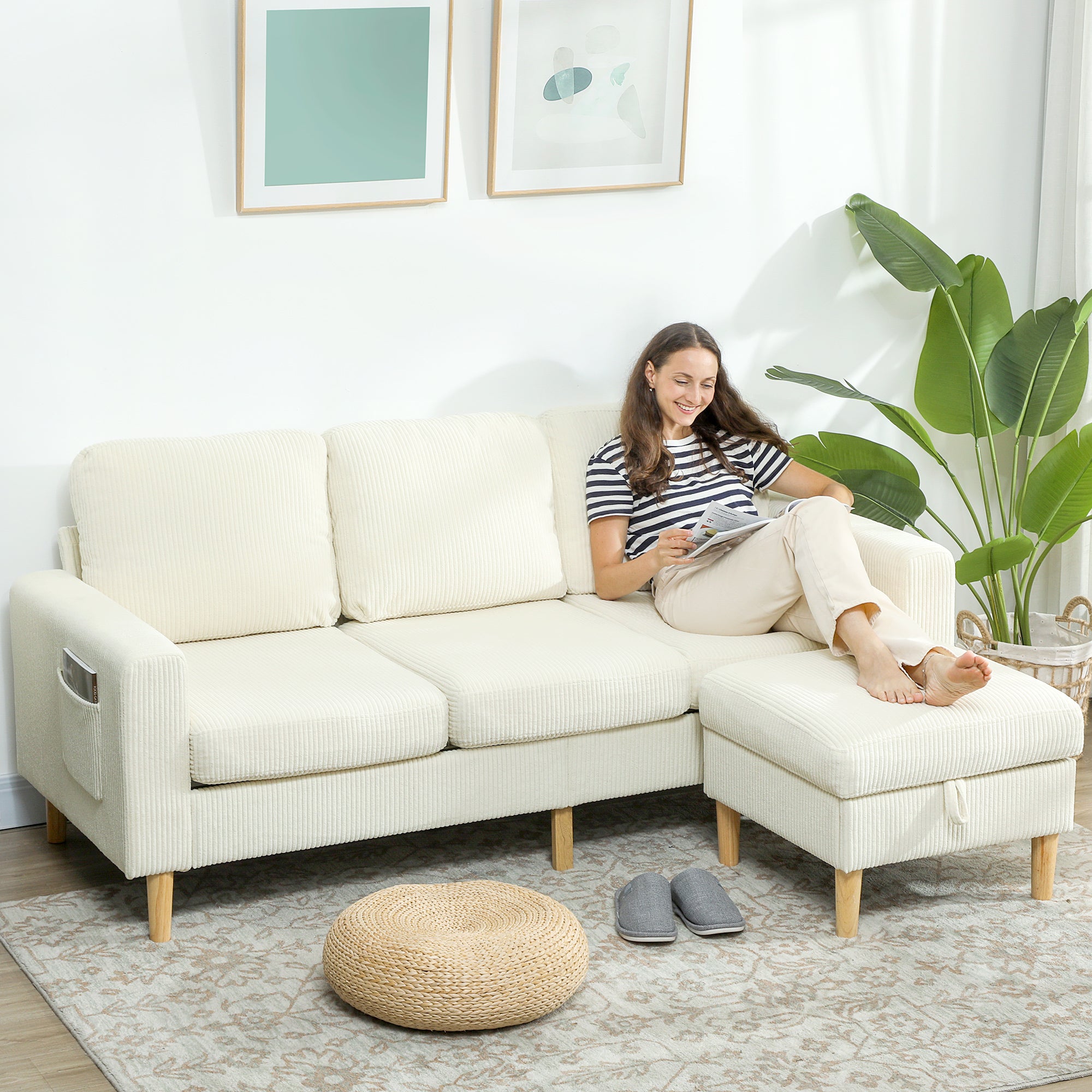 Canapé 3 places avec repose-pieds, canapé en velours côtelé 192 cm, design moderne, tabouret de rangement, coussins à ressorts, assise et dossier rembourrés, pour salon, chambre, bureau, beige