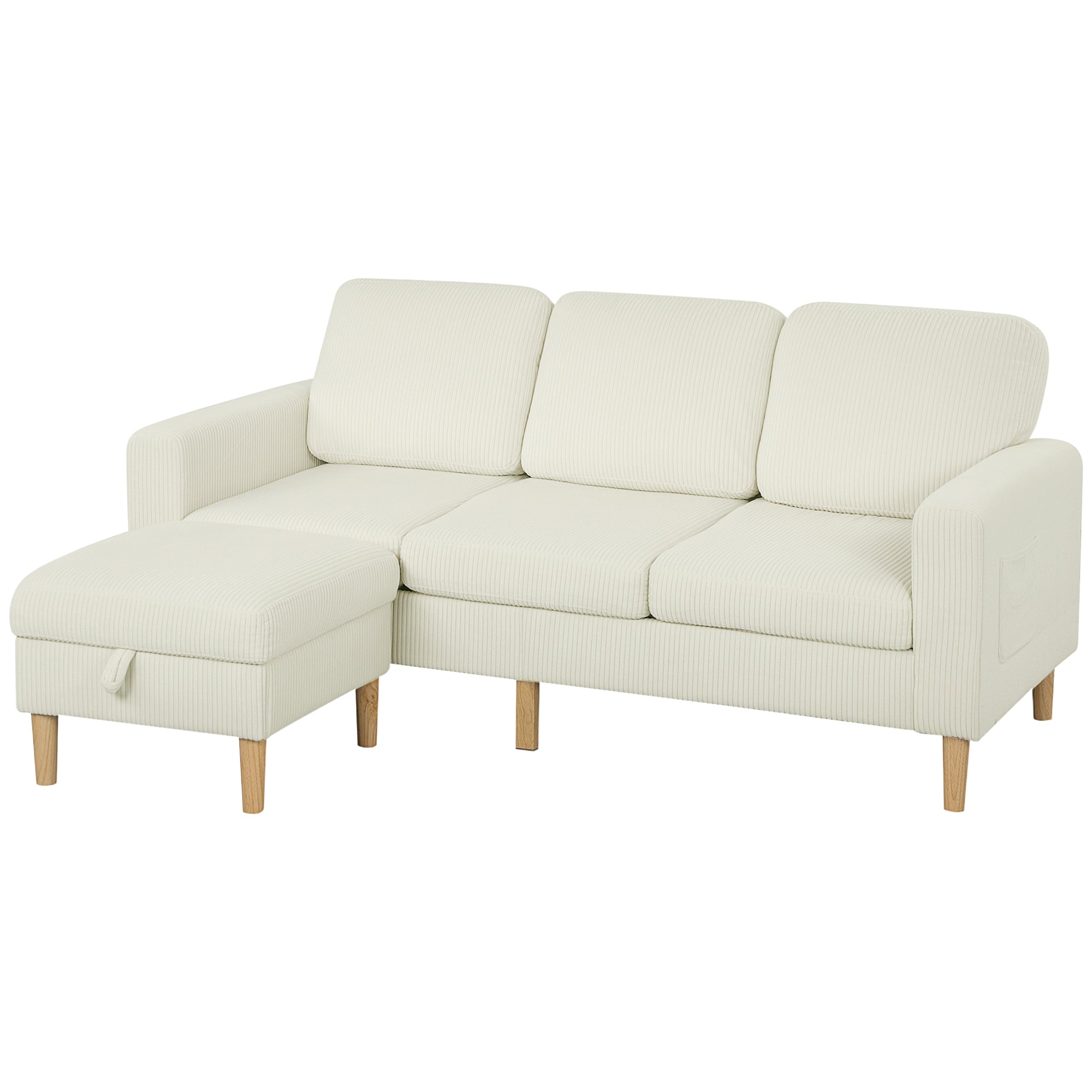 Canapé 3 places avec repose-pieds, canapé en velours côtelé 192 cm, design moderne, tabouret de rangement, coussins à ressorts, assise et dossier rembourrés, pour salon, chambre, bureau, beige