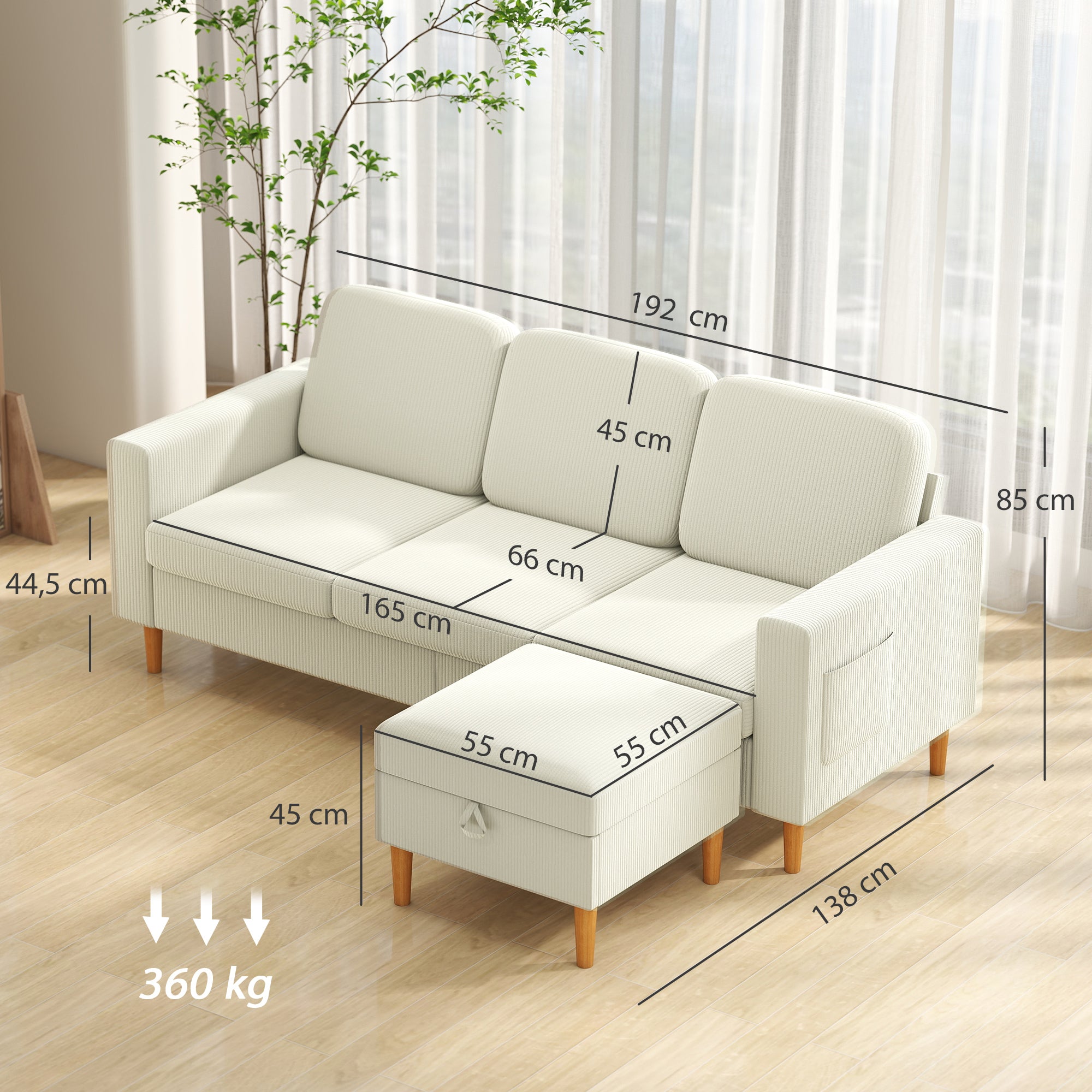 Canapé 3 places avec repose-pieds, canapé en velours côtelé 192 cm, design moderne, tabouret de rangement, coussins à ressorts, assise et dossier rembourrés, pour salon, chambre, bureau, beige