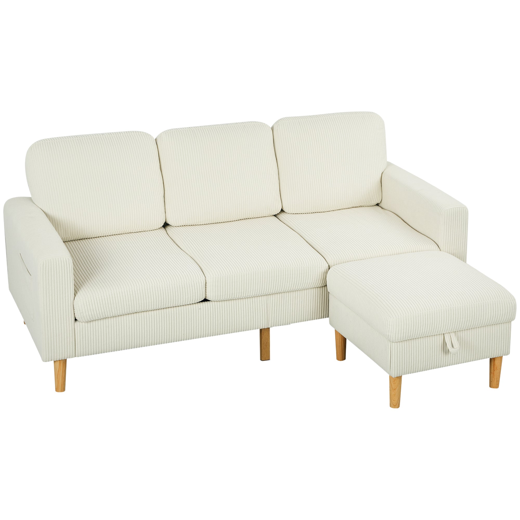 Canapé 3 places avec repose-pieds, canapé en velours côtelé 192 cm, design moderne, tabouret de rangement, coussins à ressorts, assise et dossier rembourrés, pour salon, chambre, bureau, beige