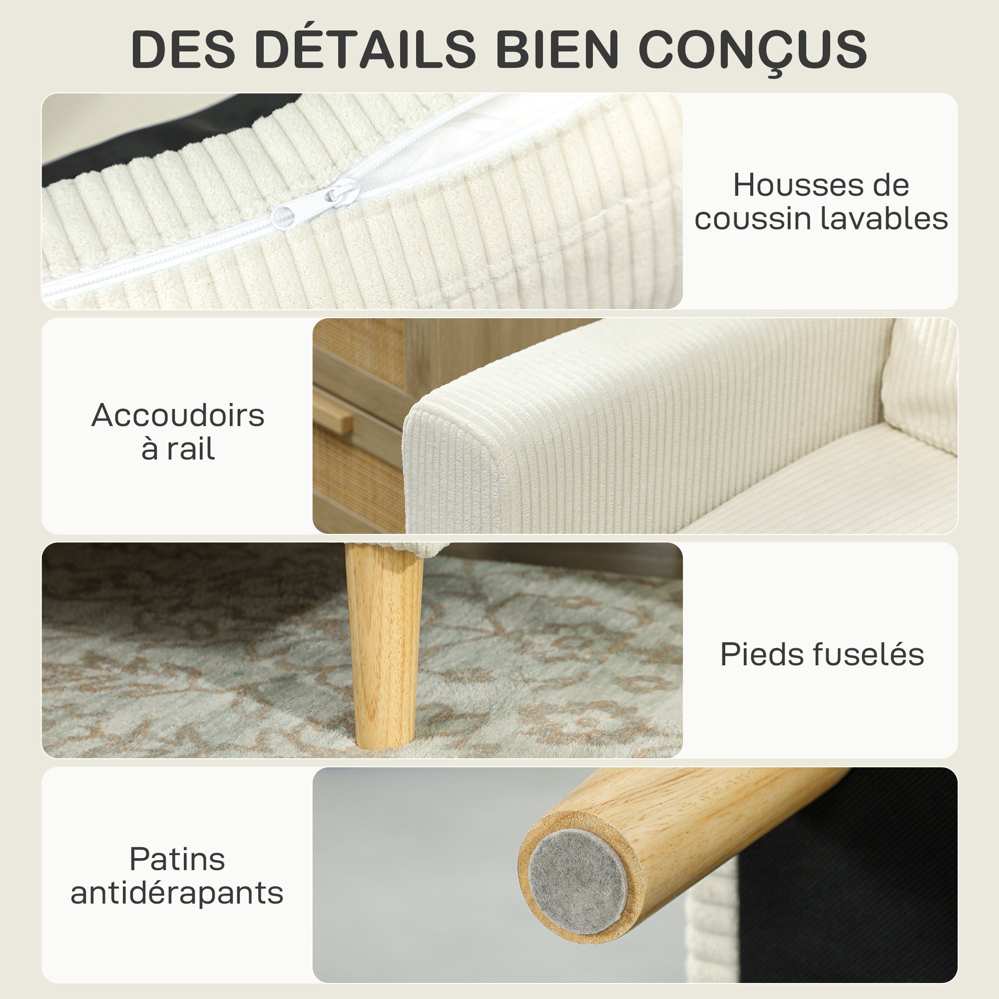 Canapé 3 places avec repose-pieds, canapé en velours côtelé 192 cm, design moderne, tabouret de rangement, coussins à ressorts, assise et dossier rembourrés, pour salon, chambre, bureau, beige