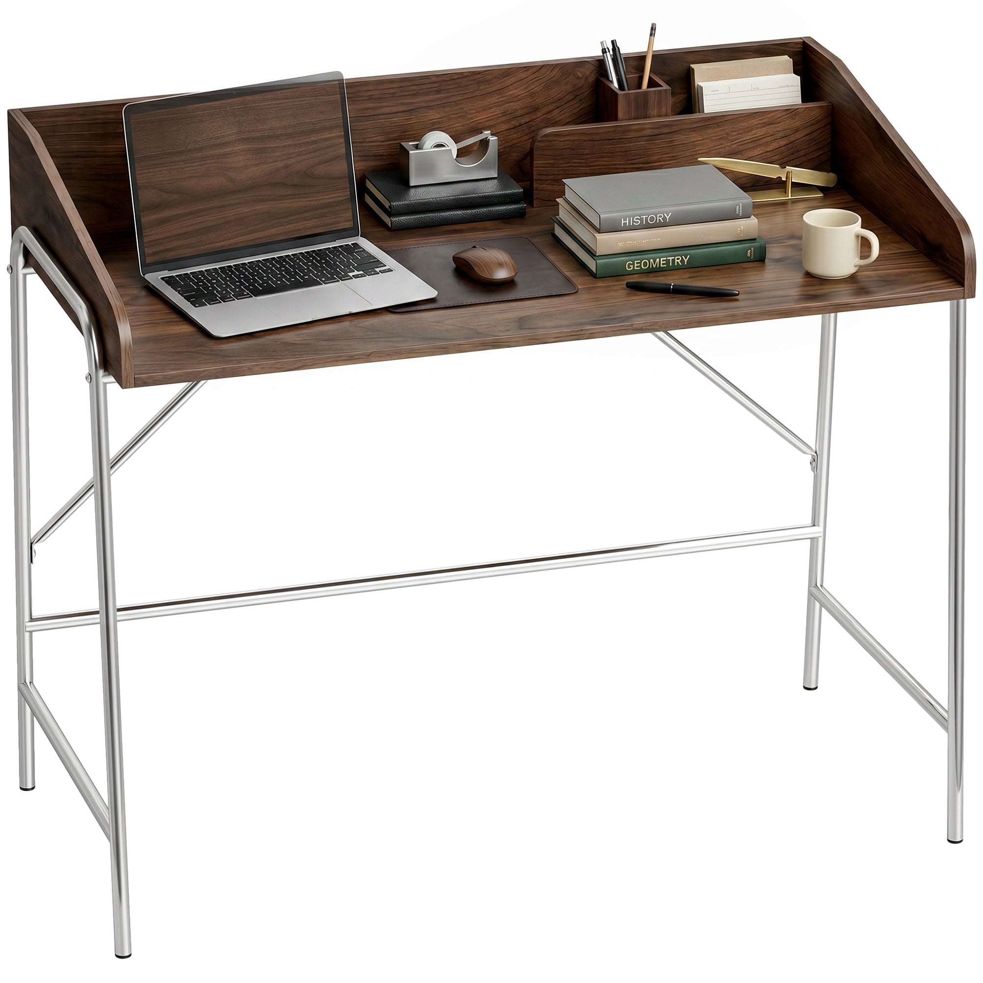 Bureau, bureau d'ordinateur 109 cm avec rebord de sécurité et structure en métal, facile à monter, table d'ordinateur moderne pour petit espace, travail à domicile ou étude, noyer