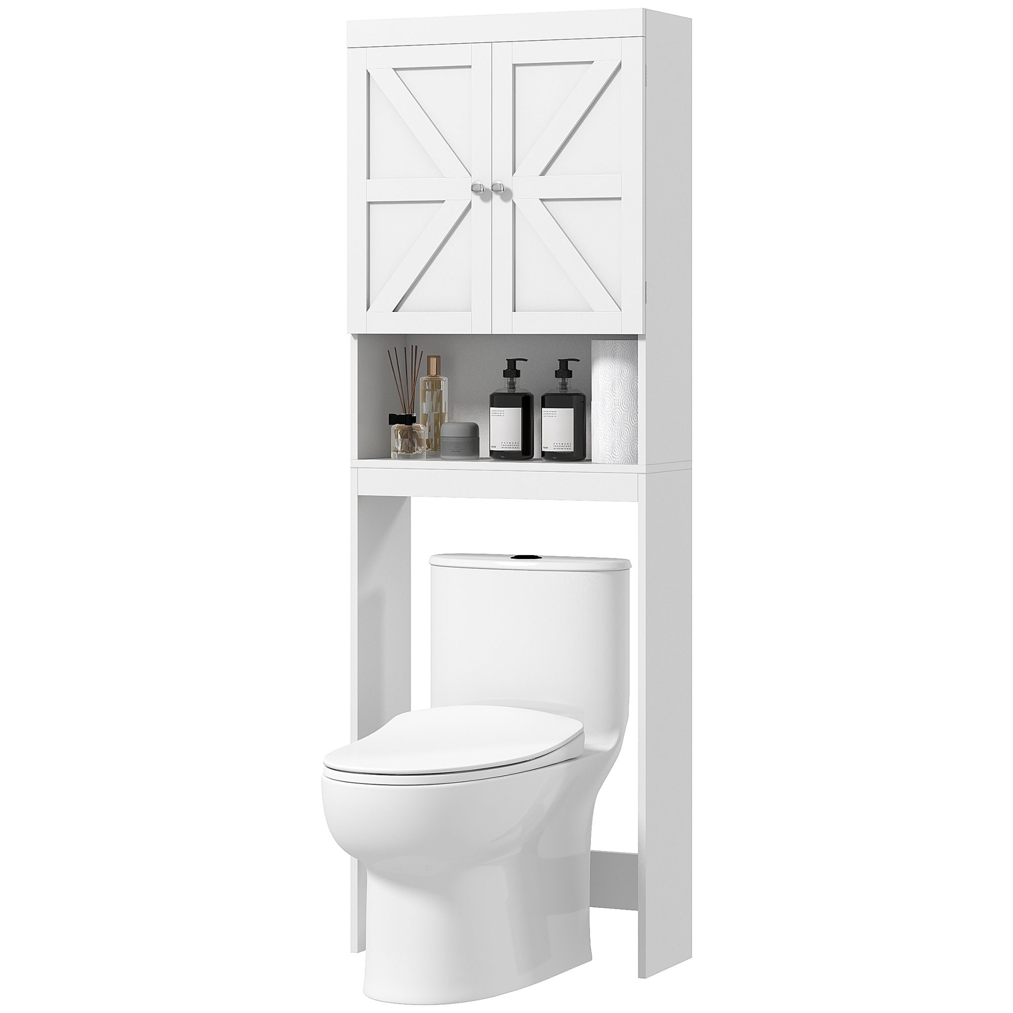 Meuble de rangement au-dessus des toilettes, meuble WC au-dessus des toilettes, meuble de salle de bain avec placard 2 portes et étagère ouverte 58,5L x 23l x 170H cm en bois - blanc