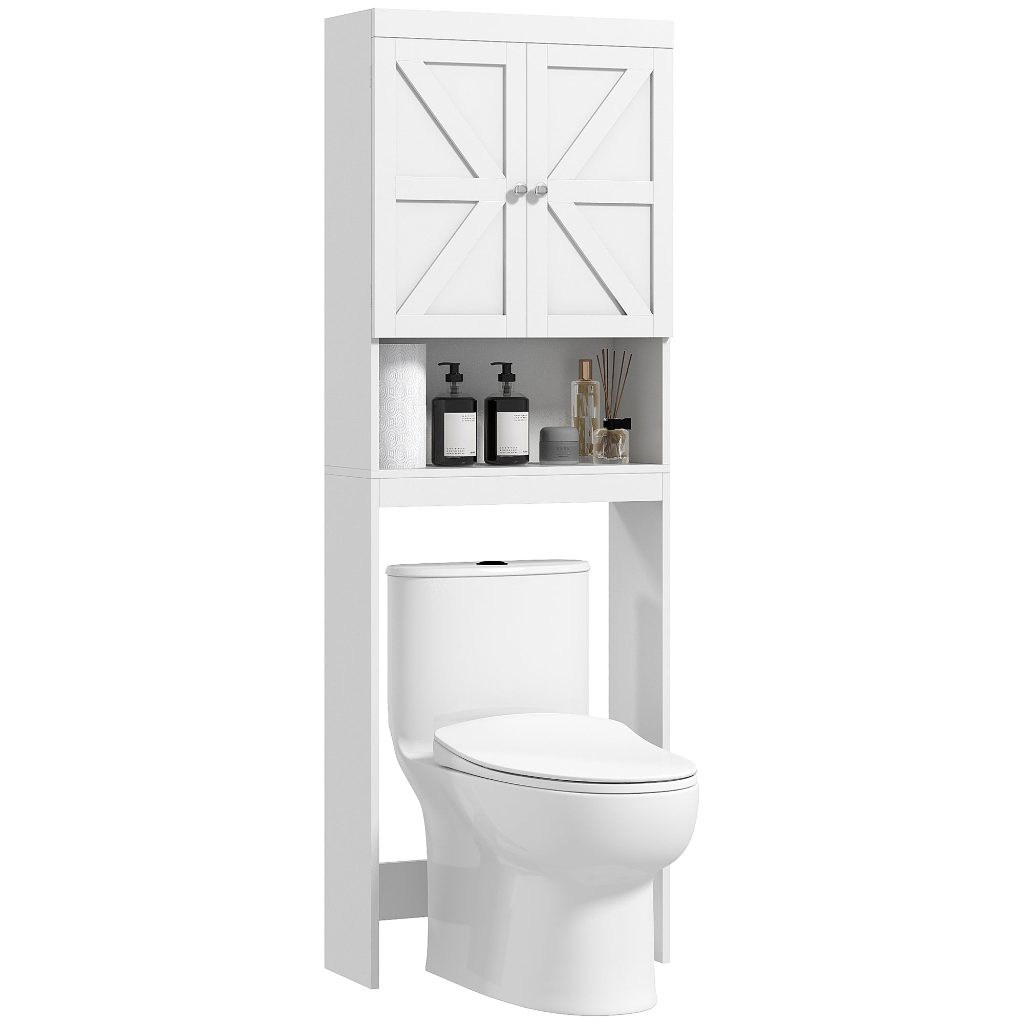 Meuble de rangement au-dessus des toilettes, meuble WC au-dessus des toilettes, meuble de salle de bain avec placard 2 portes et étagère ouverte 58,5L x 23l x 170H cm en bois - blanc