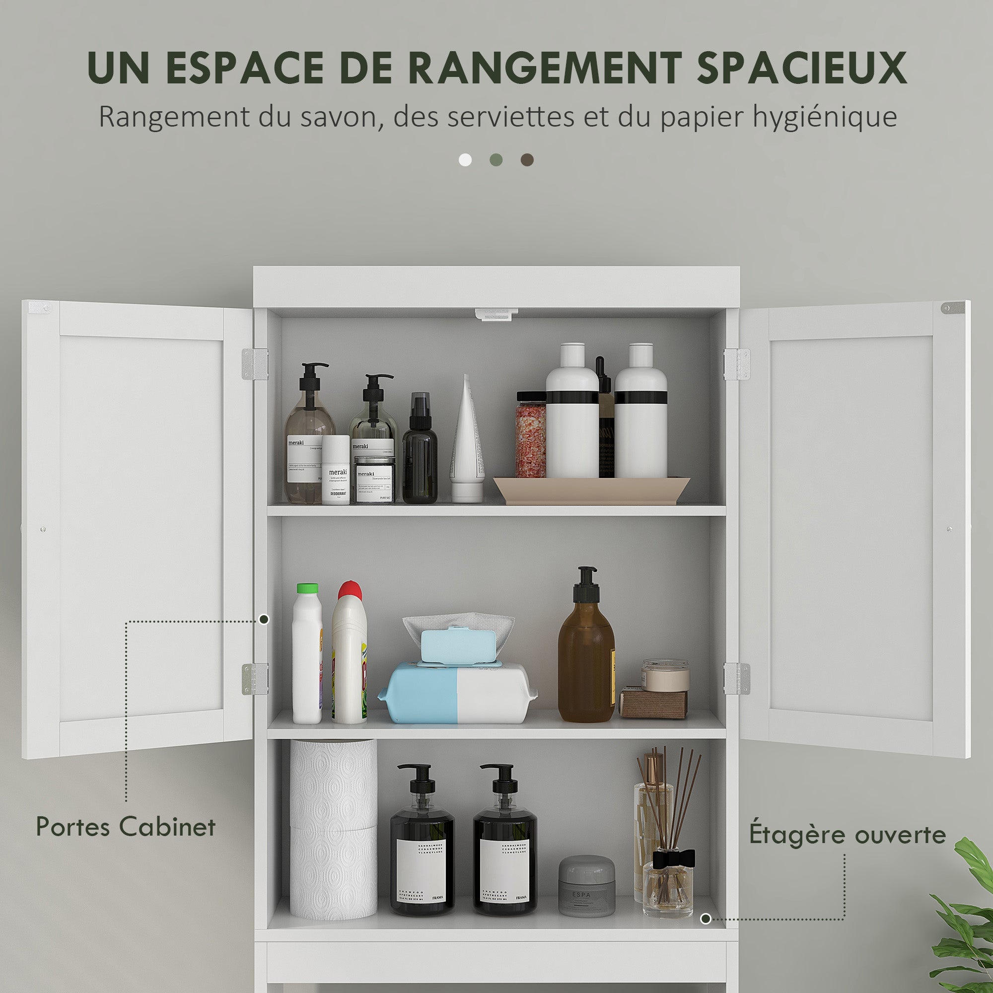 Meuble de rangement au-dessus des toilettes, meuble WC au-dessus des toilettes, meuble de salle de bain avec placard 2 portes et étagère ouverte 58,5L x 23l x 170H cm en bois - blanc