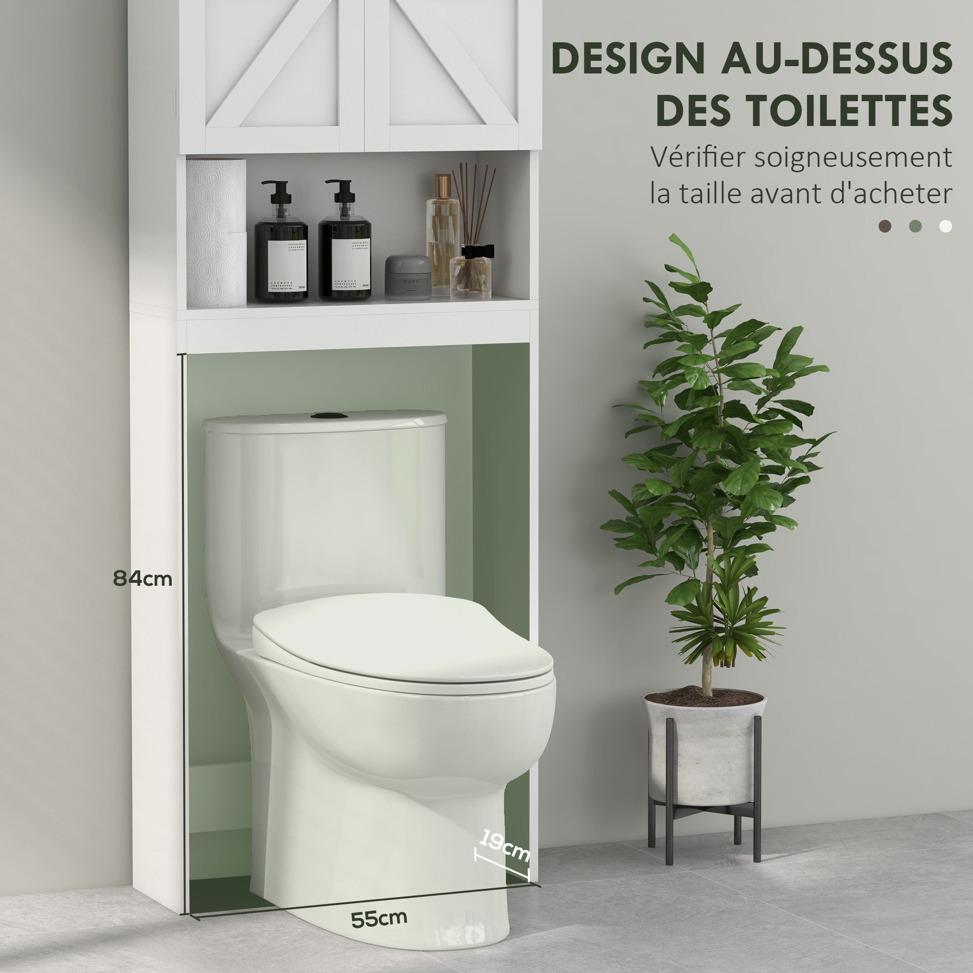 Meuble de rangement au-dessus des toilettes, meuble WC au-dessus des toilettes, meuble de salle de bain avec placard 2 portes et étagère ouverte 58,5L x 23l x 170H cm en bois - blanc