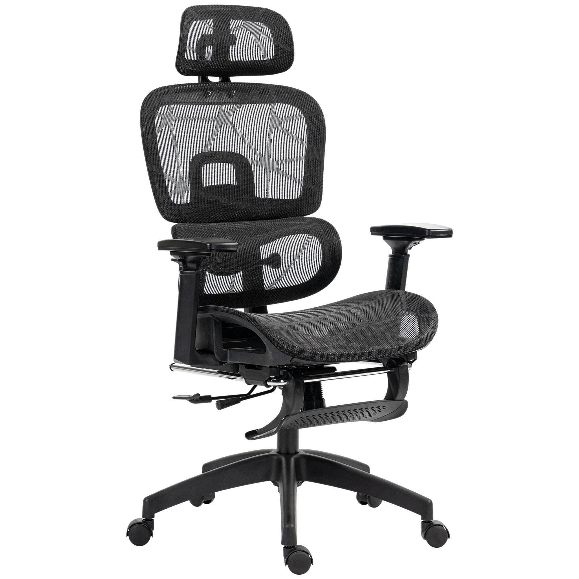Fauteuil de bureau avec accoudoirs 3D, chaise de bureau ergonomique en maille, hauteur réglable, dossier inclinable, support lombaire, appui-tête et repose-pieds, pour chambre télétravail, noir