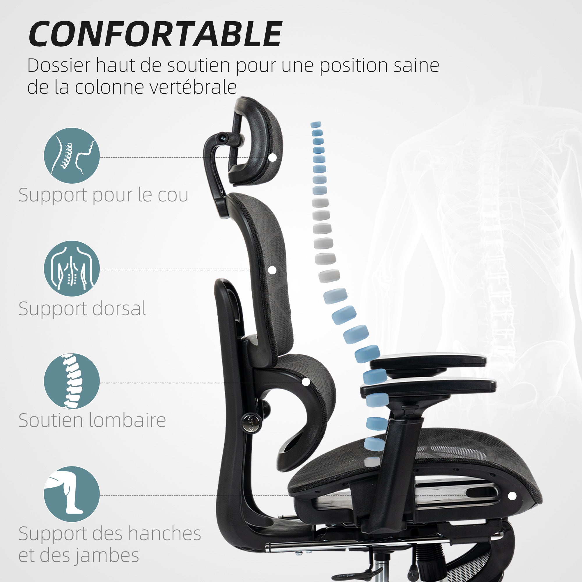Fauteuil de bureau avec accoudoirs 3D, chaise de bureau ergonomique en maille, hauteur réglable, dossier inclinable, support lombaire, appui-tête et repose-pieds, pour chambre télétravail, noir