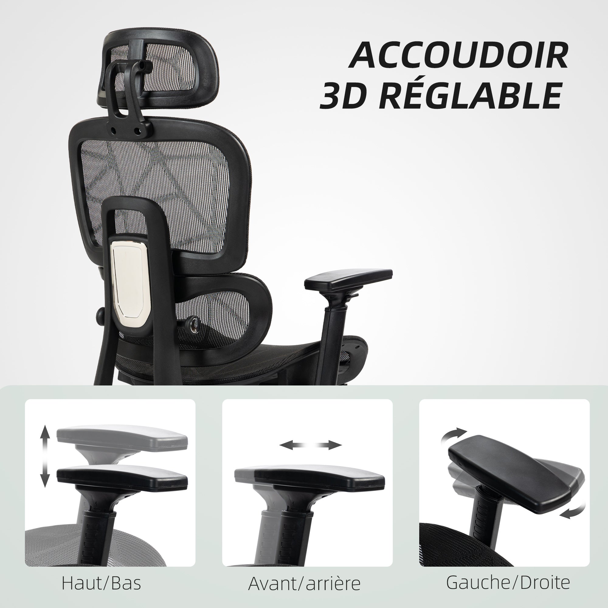 Fauteuil de bureau avec accoudoirs 3D, chaise de bureau ergonomique en maille, hauteur réglable, dossier inclinable, support lombaire, appui-tête et repose-pieds, pour chambre télétravail, noir