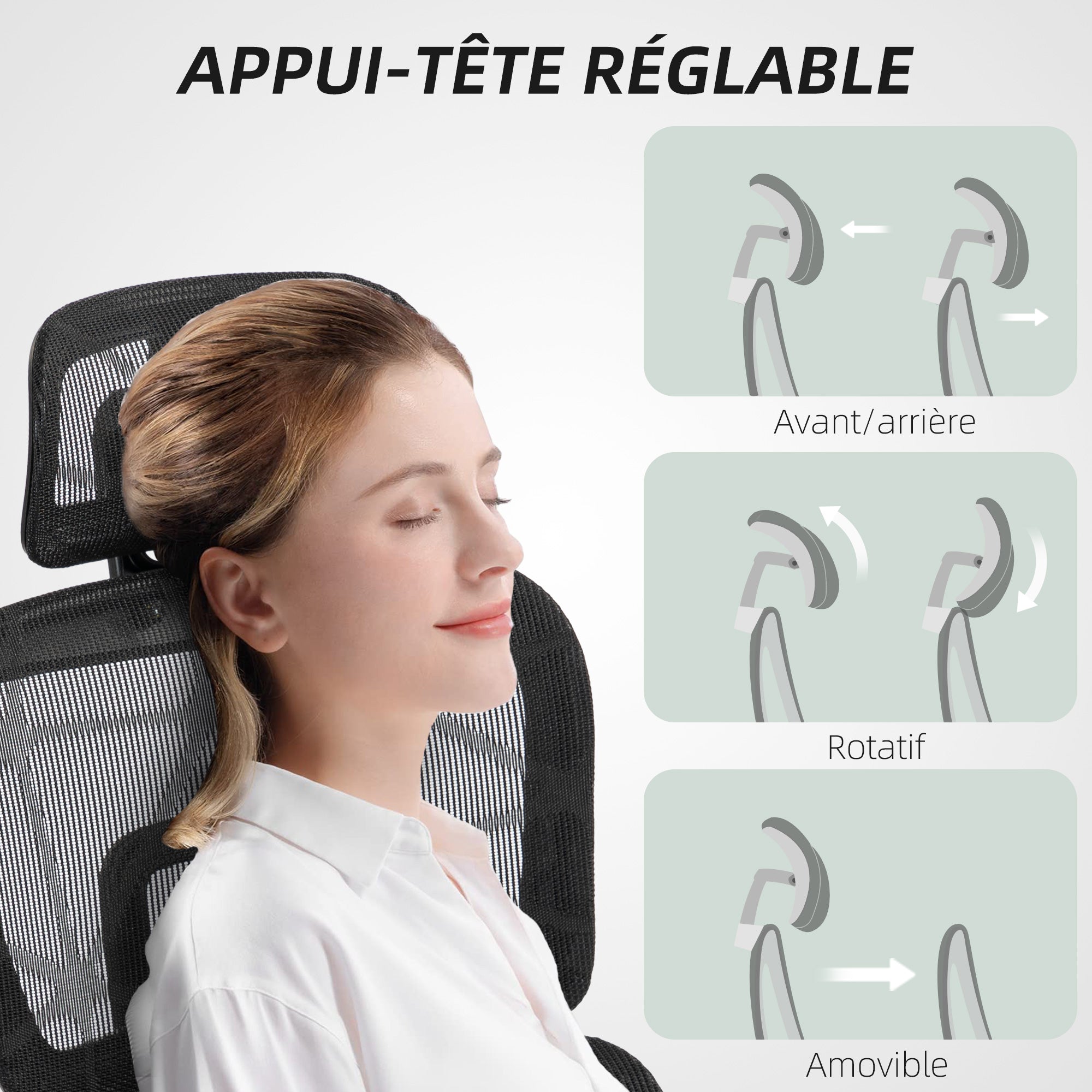 Fauteuil de bureau avec accoudoirs 3D, chaise de bureau ergonomique en maille, hauteur réglable, dossier inclinable, support lombaire, appui-tête et repose-pieds, pour chambre télétravail, noir