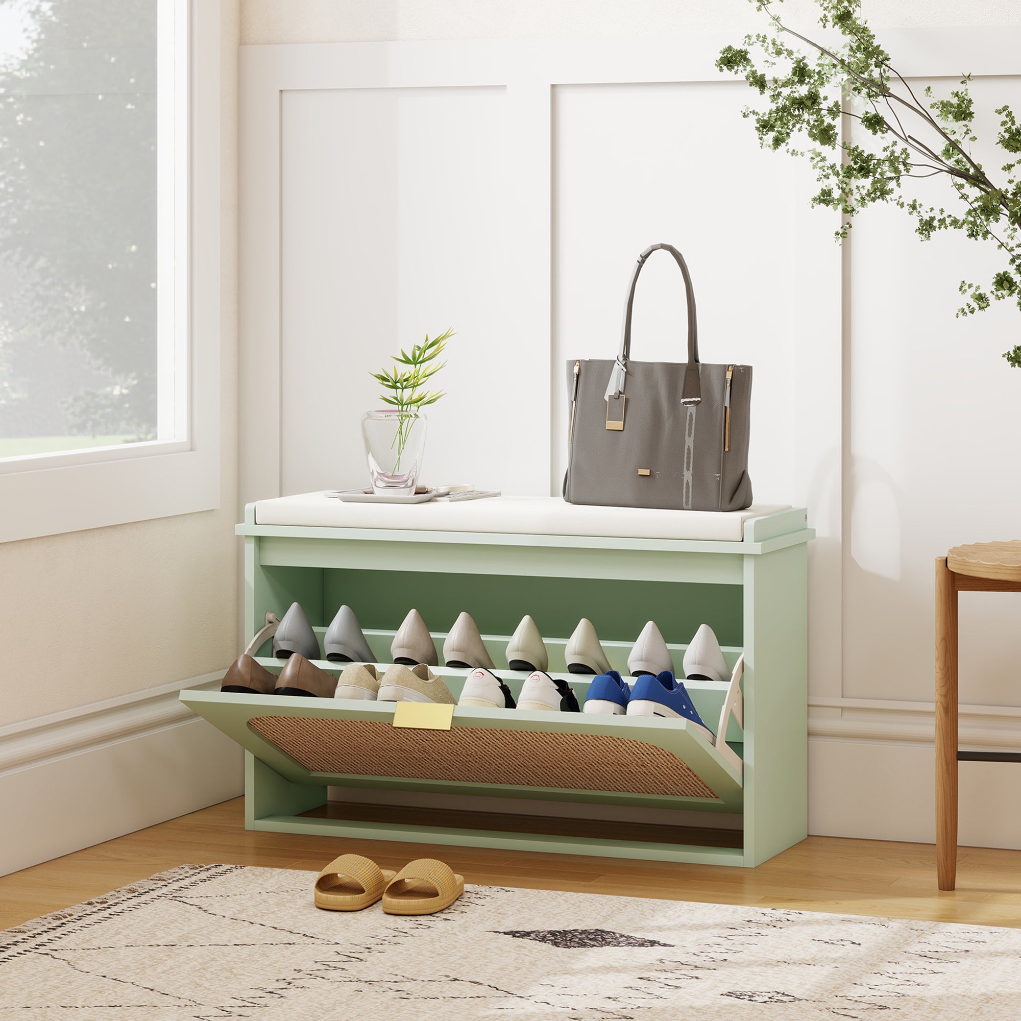 Banc chaussures entrée, banc de rangement étroit, assise rembourrée, porte en rotin, tiroir rabattable et étagère réglable, style bohème, pour entrée, couloir, 80 x 26 x 47,5 cm, vert