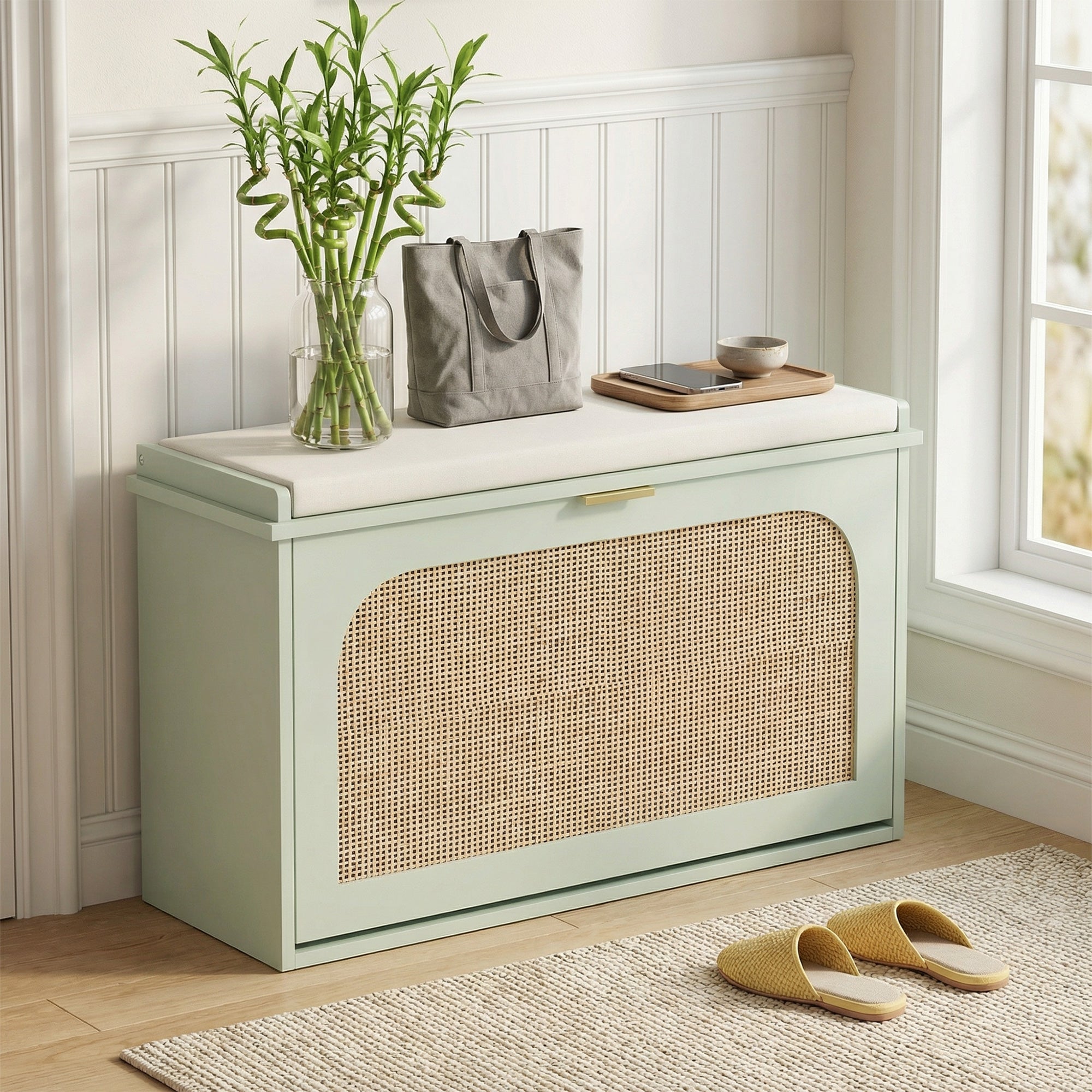 Banc chaussures entrée, banc de rangement étroit, assise rembourrée, porte en rotin, tiroir rabattable et étagère réglable, style bohème, pour entrée, couloir, 80 x 26 x 47,5 cm, vert