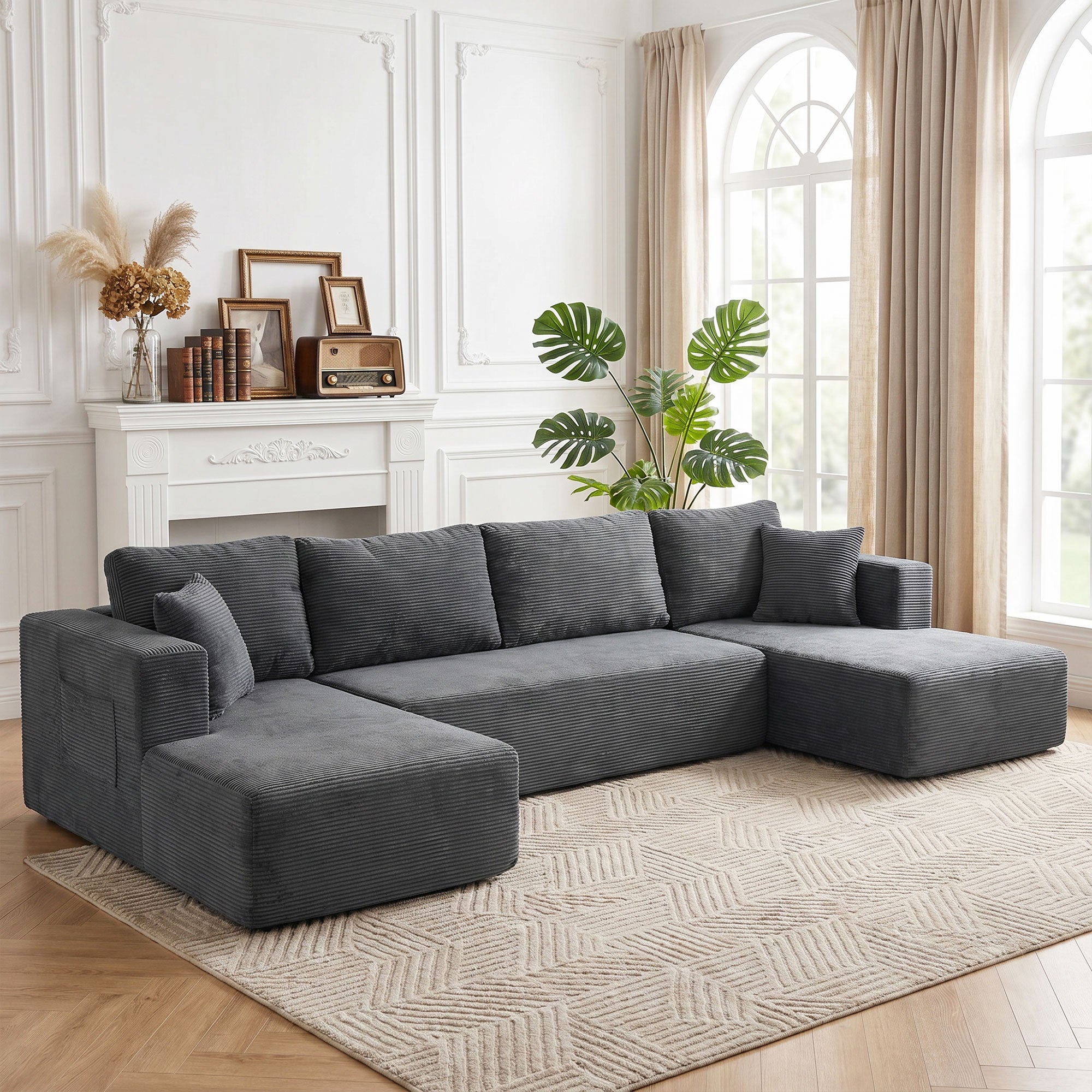 Canapé Modulaire en U Compressé 4 Places, 2 Méridiennes et Canapé 2 Places - Canapé d'Angle Convertible, 6 Coussins, Accoudoirs avec Poches Latérales - Sans Montage, pour Salon Chambre, Gris