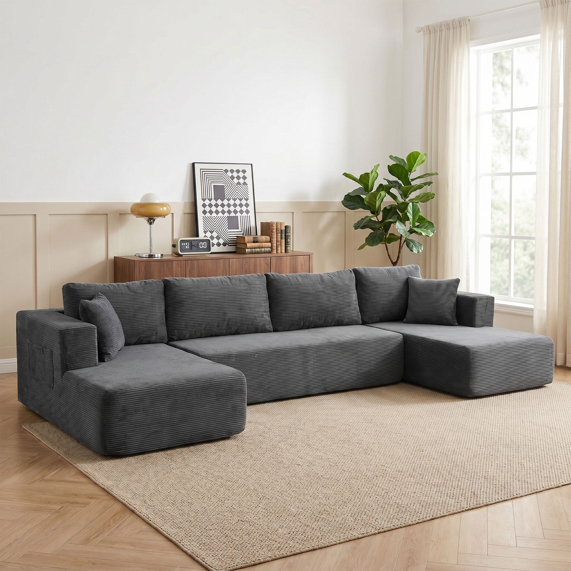 Canapé Modulaire en U Compressé 4 Places, 2 Méridiennes et Canapé 2 Places - Canapé d'Angle Convertible, 6 Coussins, Accoudoirs avec Poches Latérales - Sans Montage, pour Salon Chambre, Gris