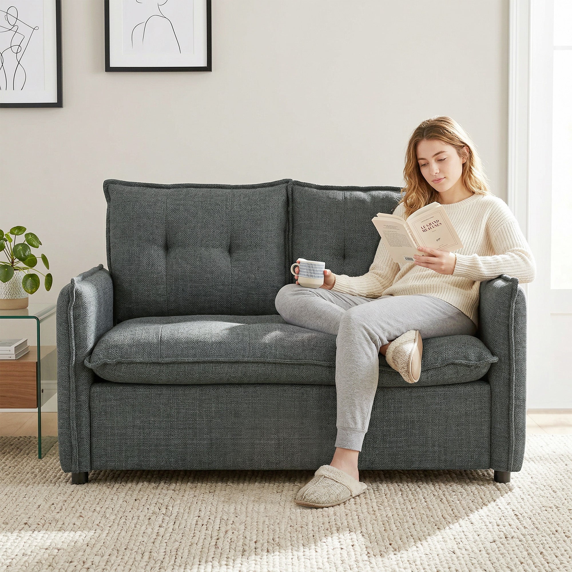 Canapé 2 places, canapé de salon moderne 131 cm avec assise rembourrée, coussins à ressorts, dossier épais et design capitonné, tissu en lin, pour chambre, appartement, petit espace, gris foncé