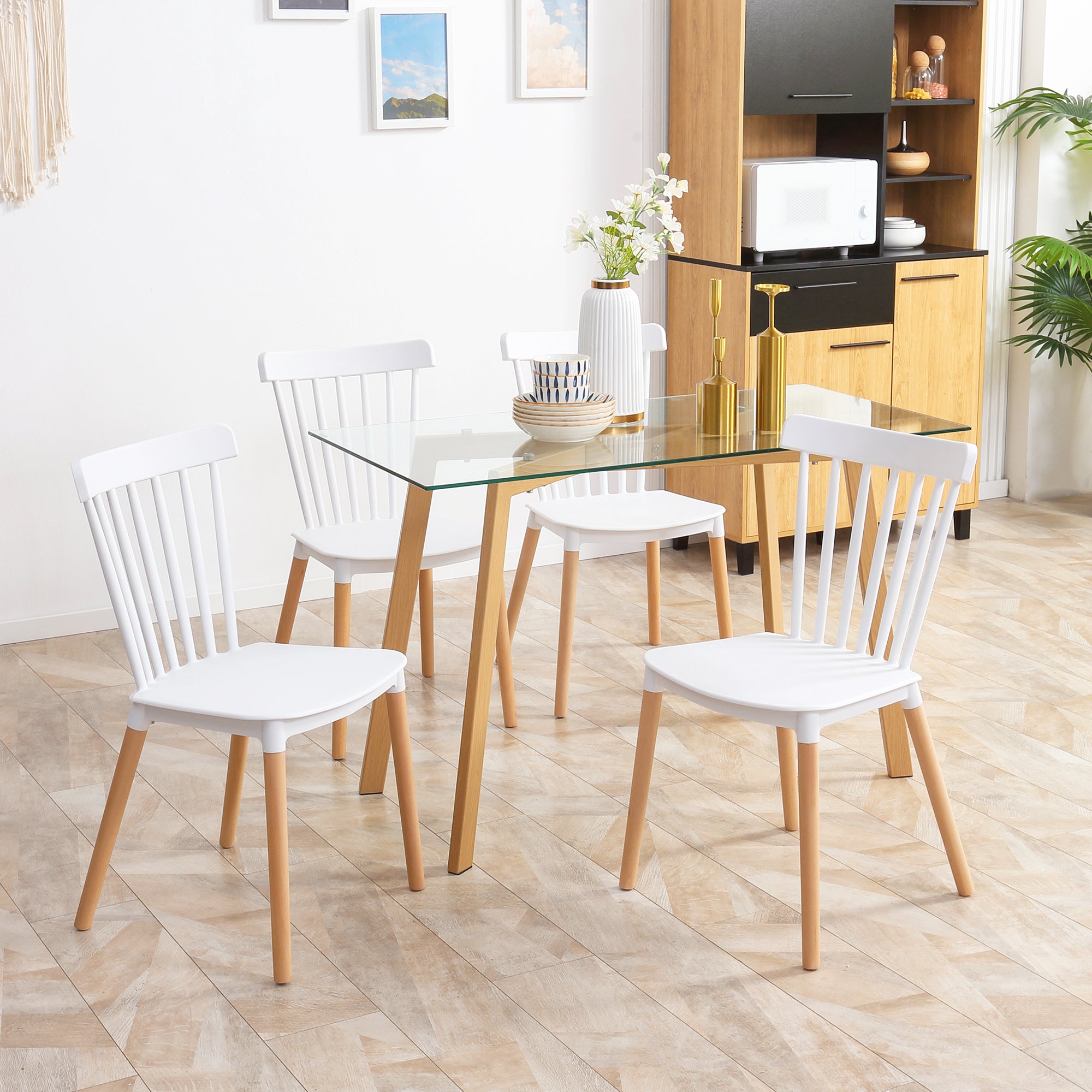 Lot de 4 chaises de salle à manger, chaises de cuisine, style scandinave, dossier haut, assise en polypropylène, pieds en hêtre, pour salon, chambre, cuisine, bureau, blanc