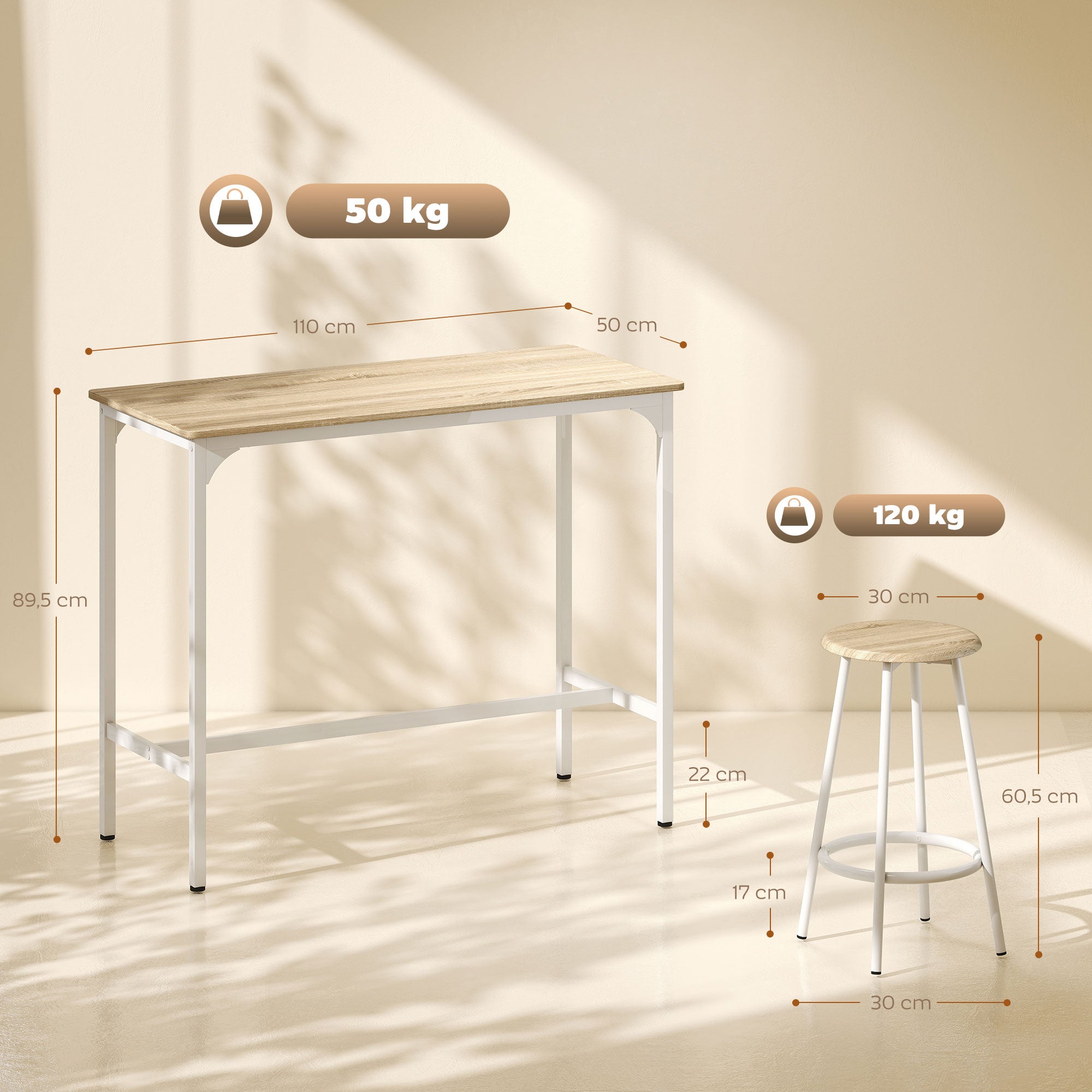 Ensemble table de bar bistrot avec 4 tabourets de bar, ensemble table haute cuisine et tabourets, avec repose-pieds, style moderne, structutre en métal, pour cuisine, salle à manger, naturel