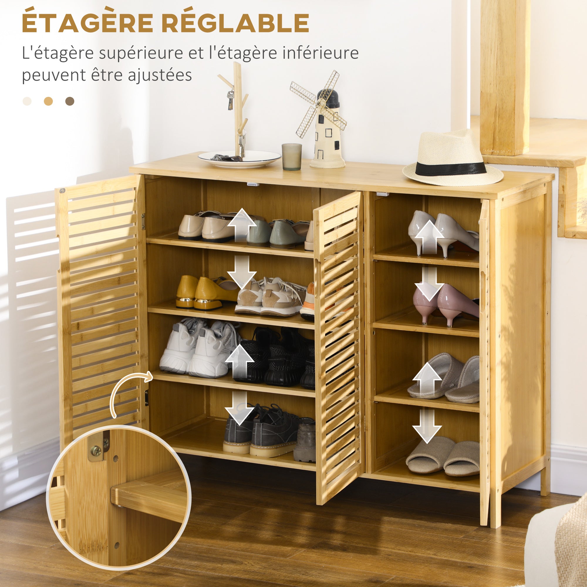 Meuble à chaussures armoire à chaussures style naturel - 3 portes ajourées et étagères en bambou - dim. 100L x 35l x 80H cm bois naturel