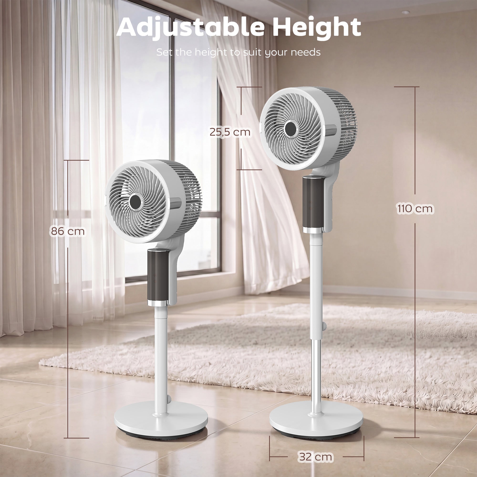 Ventilateur sur pied silencieux 20 dB pour chambre, télécommande, circulateur d'air, oscillation 90°, 8 vitesses, minuterie 12H, lumière LED, hauteur réglable, blanc
