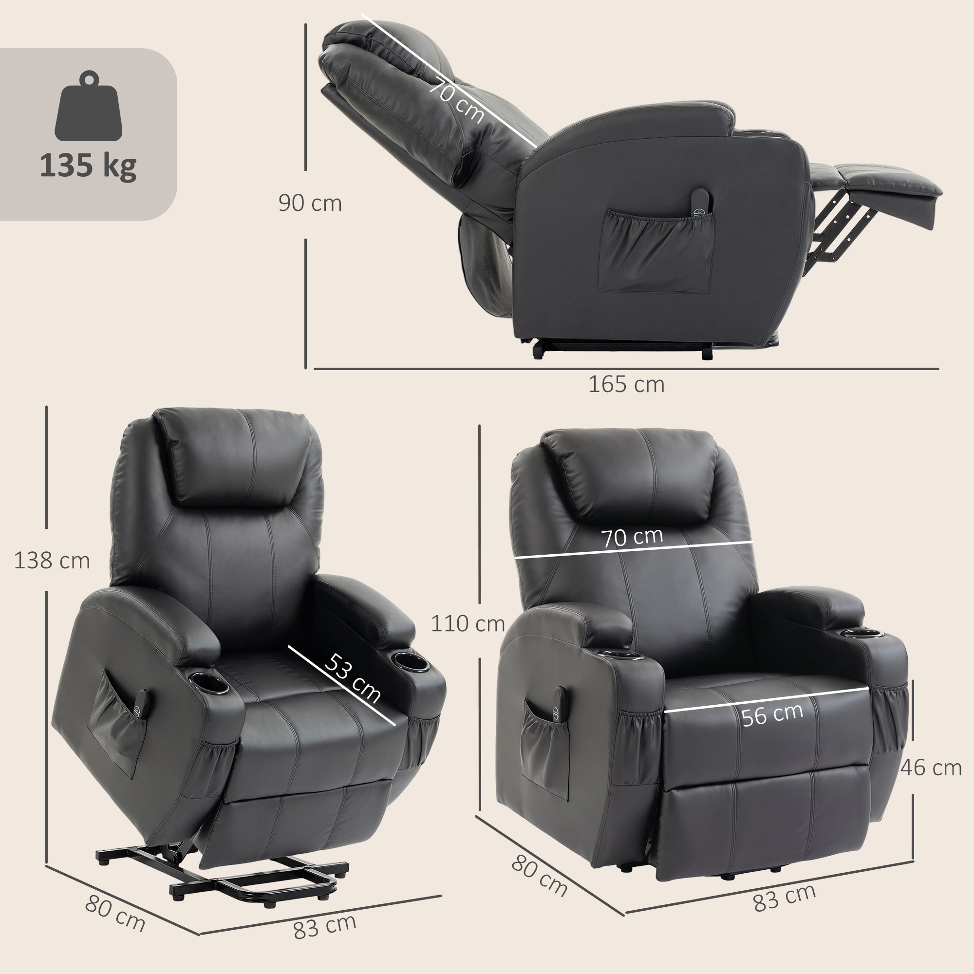 Fauteuil releveur électrique, fauteuil relax électrique en PU, repose-pied, dossier inclinable, port USB, télécommande, porte-gobelets et poches latérales, pour personnes âgées, noir