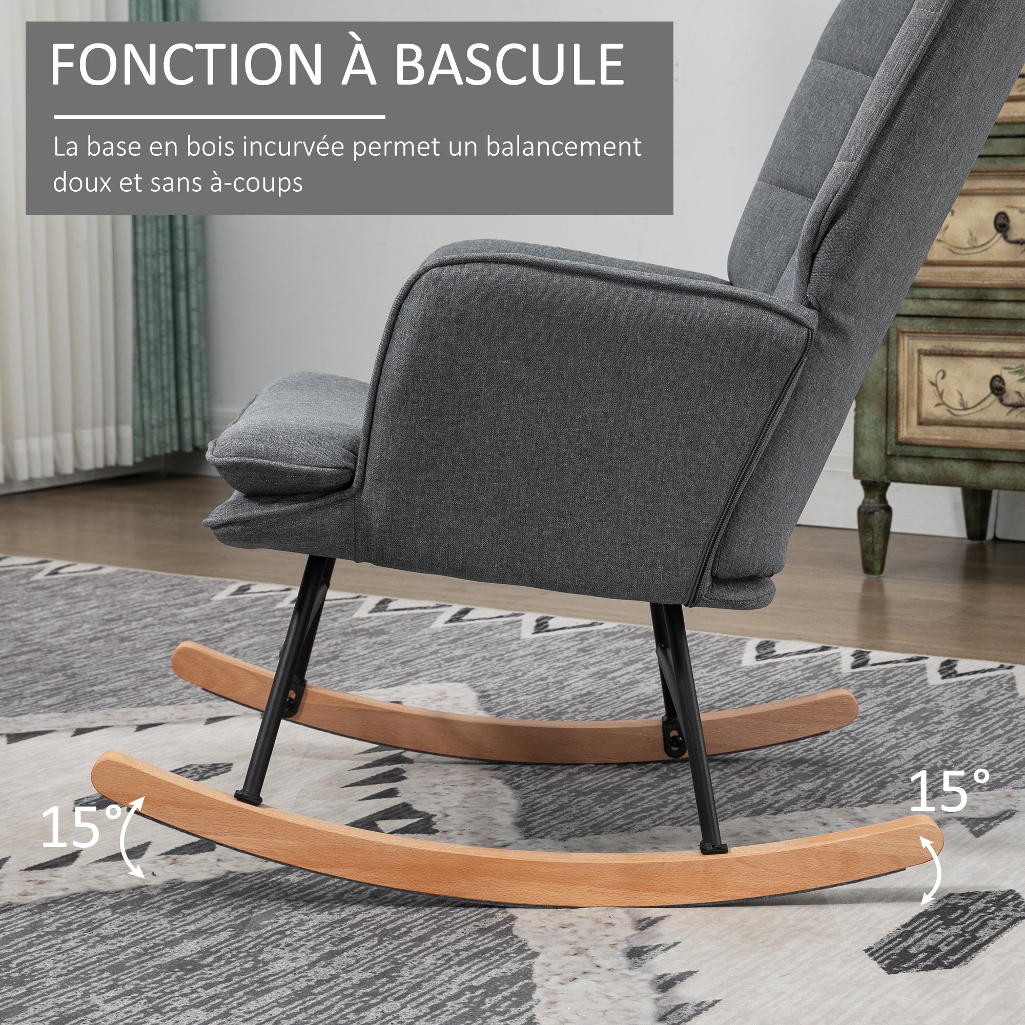 Fauteuil à bascule avec repose-pieds, rocking chair en tissu aspect lin, assise large, dossier haut, coussin inclus, chaise à bascule pour salon, chambre, gris