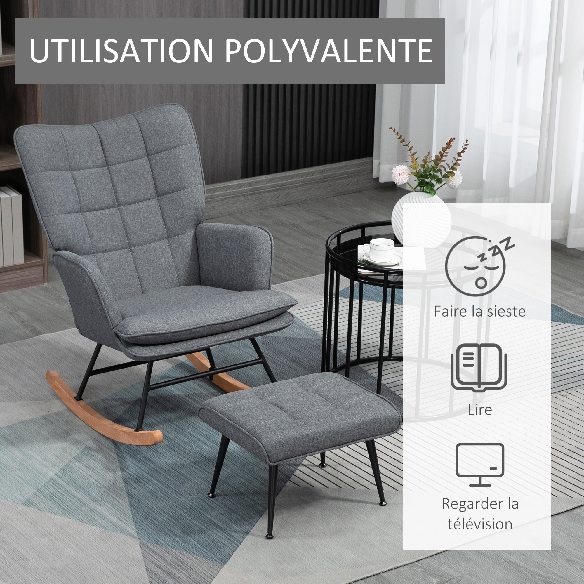 Fauteuil à bascule avec repose-pieds, rocking chair en tissu aspect lin, assise large, dossier haut, coussin inclus, chaise à bascule pour salon, chambre, gris