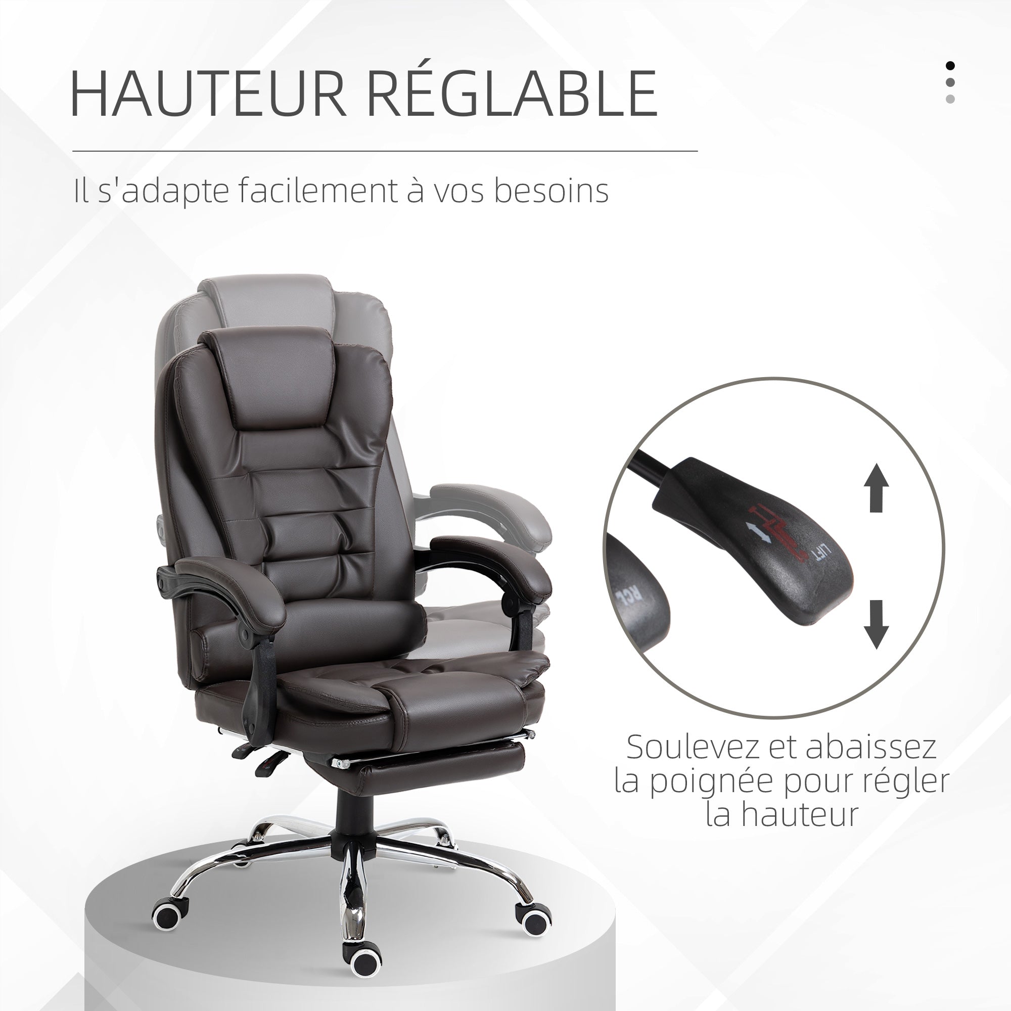 Fauteuil de bureau fauteuil manager grand confort dossier inclinable roulettes PU 64,5 x 69 x 117 cm Café