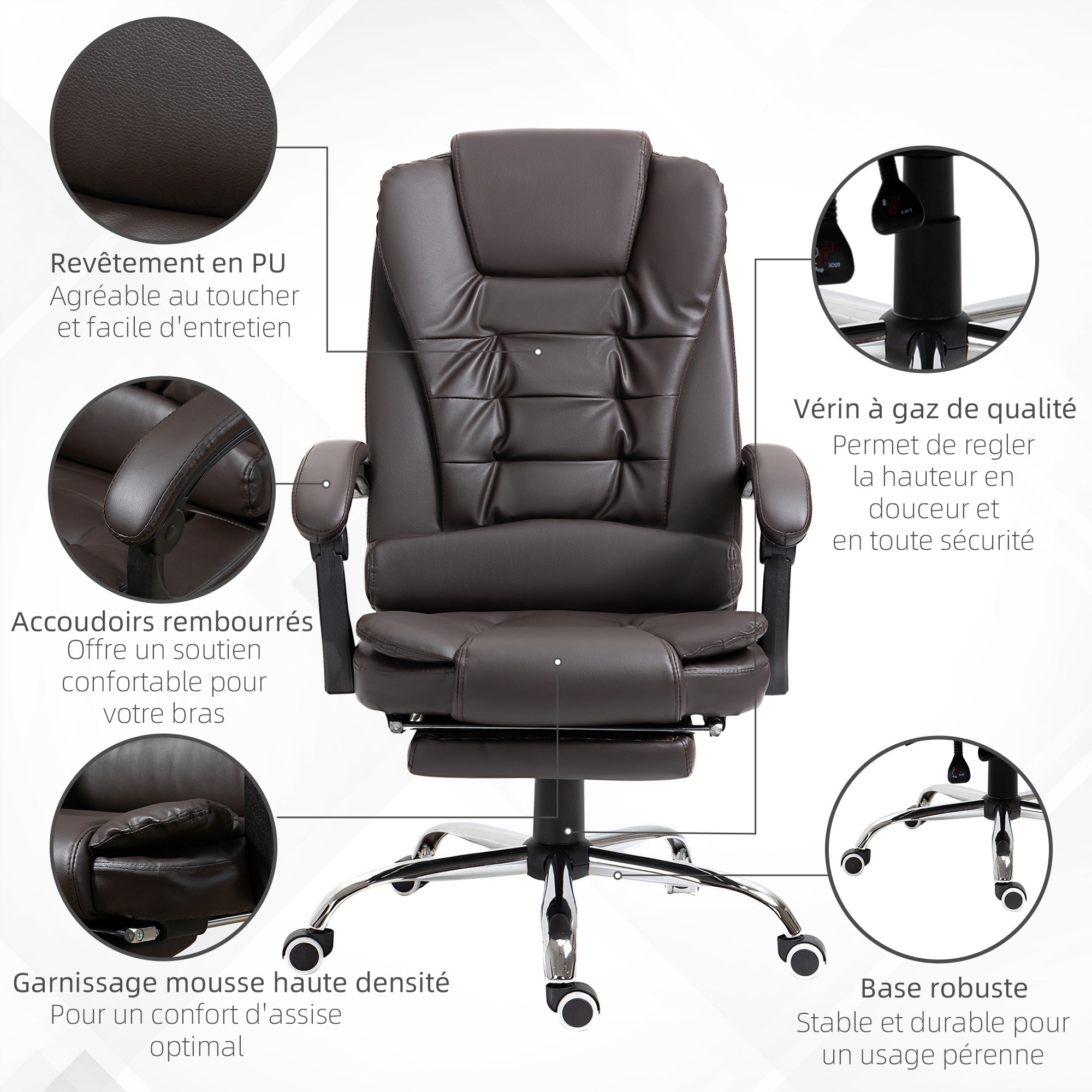 Fauteuil de bureau fauteuil manager grand confort dossier inclinable roulettes PU 64,5 x 69 x 117 cm Café