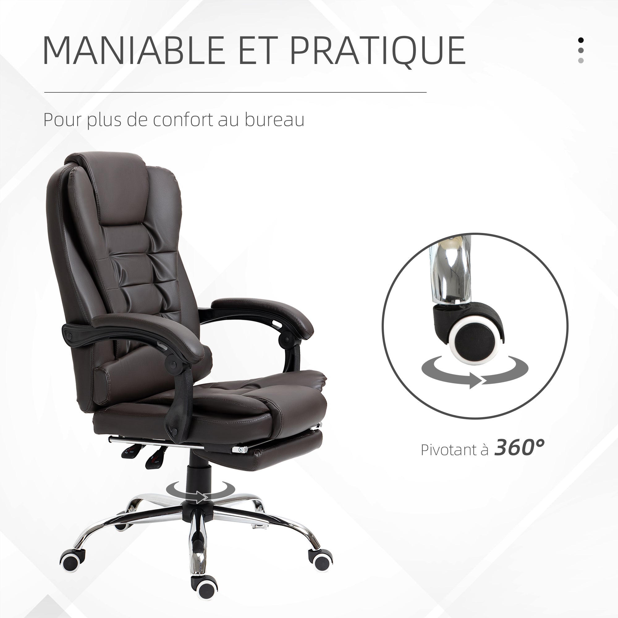 Fauteuil de bureau fauteuil manager grand confort dossier inclinable roulettes PU 64,5 x 69 x 117 cm Café