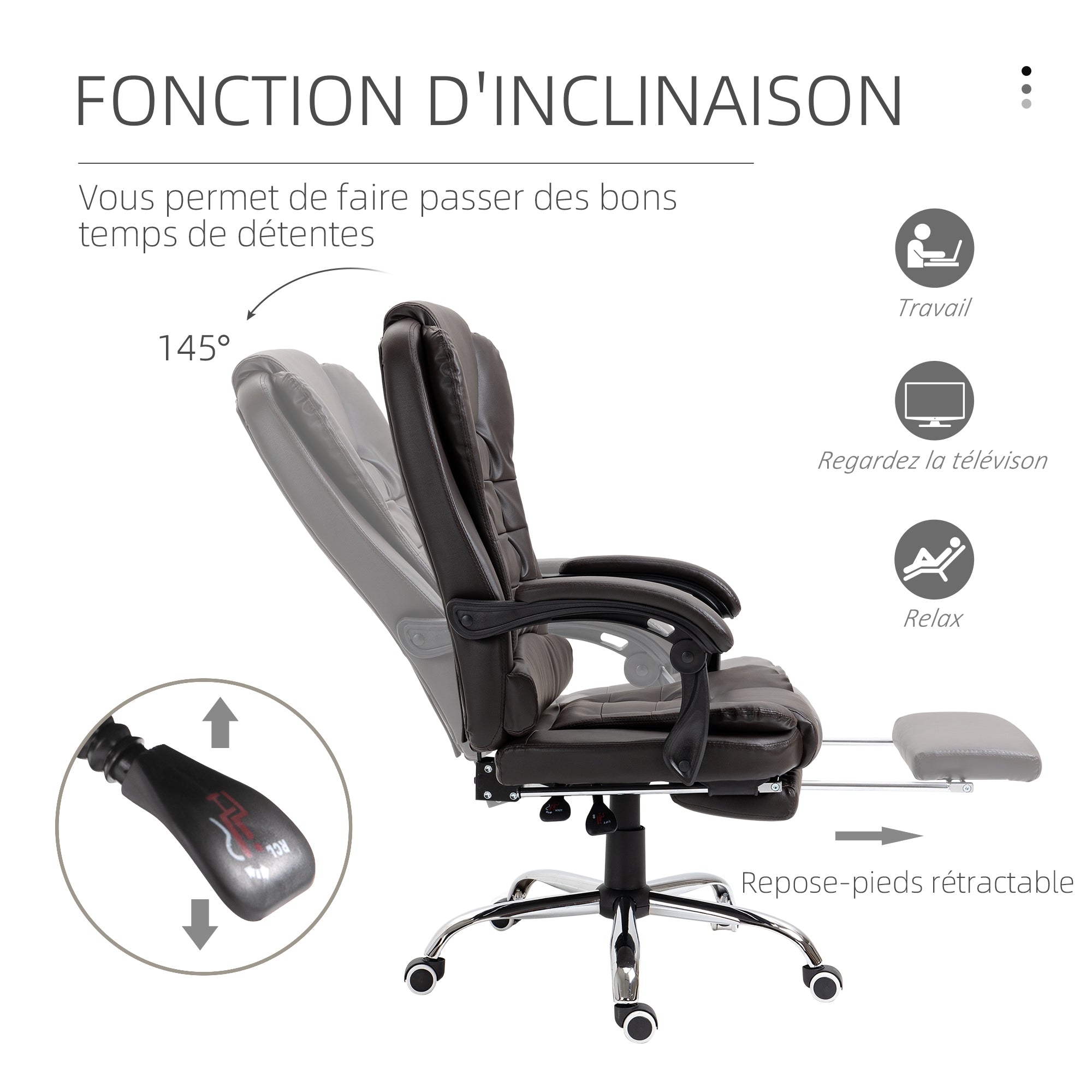 Fauteuil de bureau fauteuil manager grand confort dossier inclinable roulettes PU 64,5 x 69 x 117 cm Café