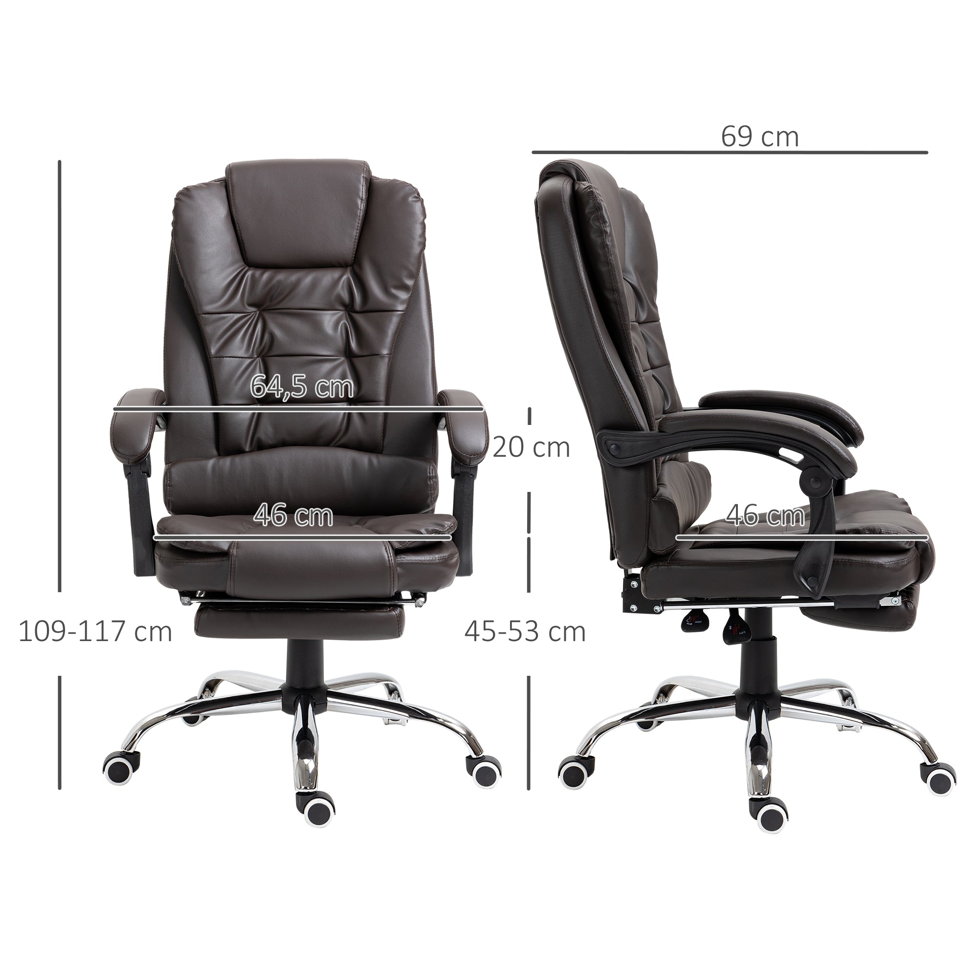 Fauteuil de bureau fauteuil manager grand confort dossier inclinable roulettes PU 64,5 x 69 x 117 cm Café