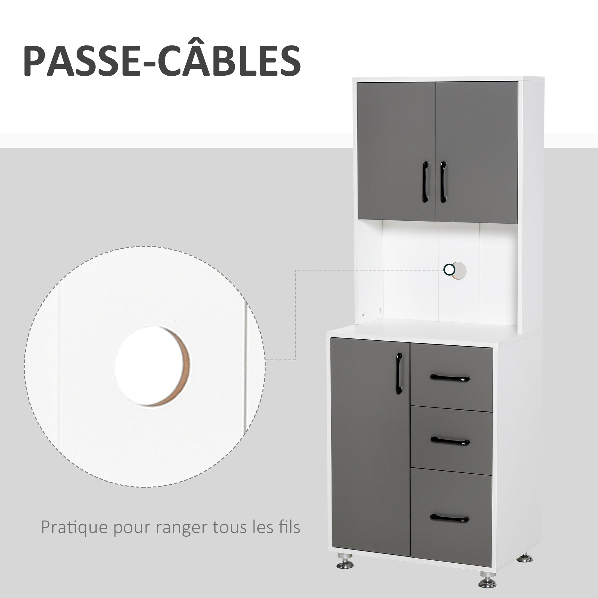 Buffet de cuisine armoire de cuisine multi-rangements 2 + 1 porte 3 tiroirs + grand plateau dim. 60L x 40l x 160H cm bicolore gris blanc