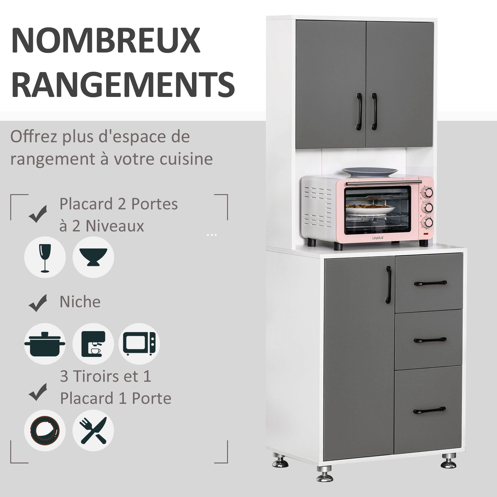 Buffet de cuisine armoire de cuisine multi-rangements 2 + 1 porte 3 tiroirs + grand plateau dim. 60L x 40l x 160H cm bicolore gris blanc