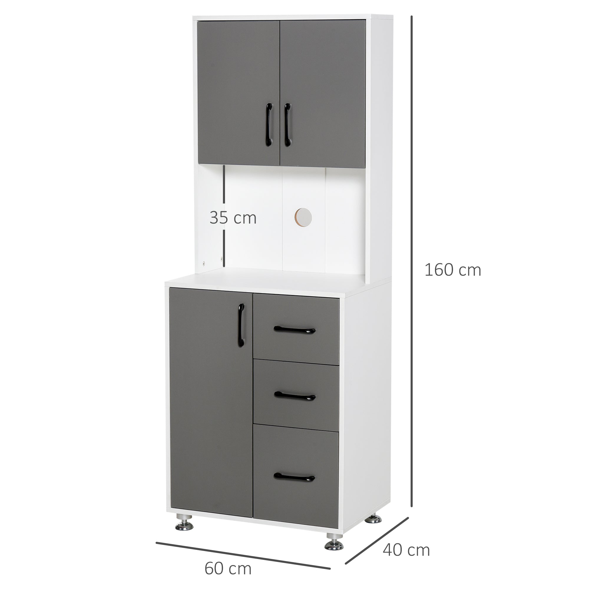 Buffet de cuisine armoire de cuisine multi-rangements 2 + 1 porte 3 tiroirs + grand plateau dim. 60L x 40l x 160H cm bicolore gris blanc
