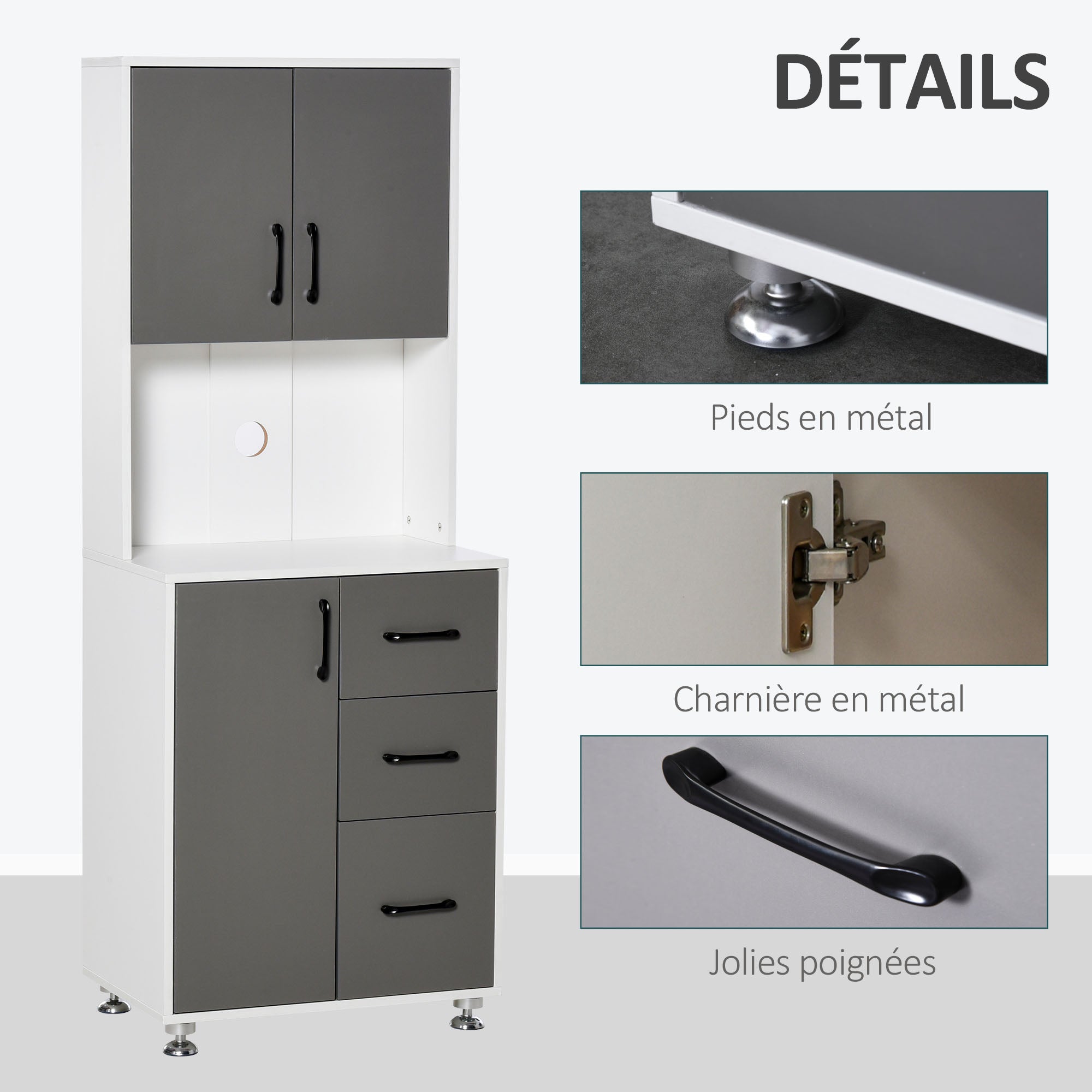 Buffet de cuisine armoire de cuisine multi-rangements 2 + 1 porte 3 tiroirs + grand plateau dim. 60L x 40l x 160H cm bicolore gris blanc