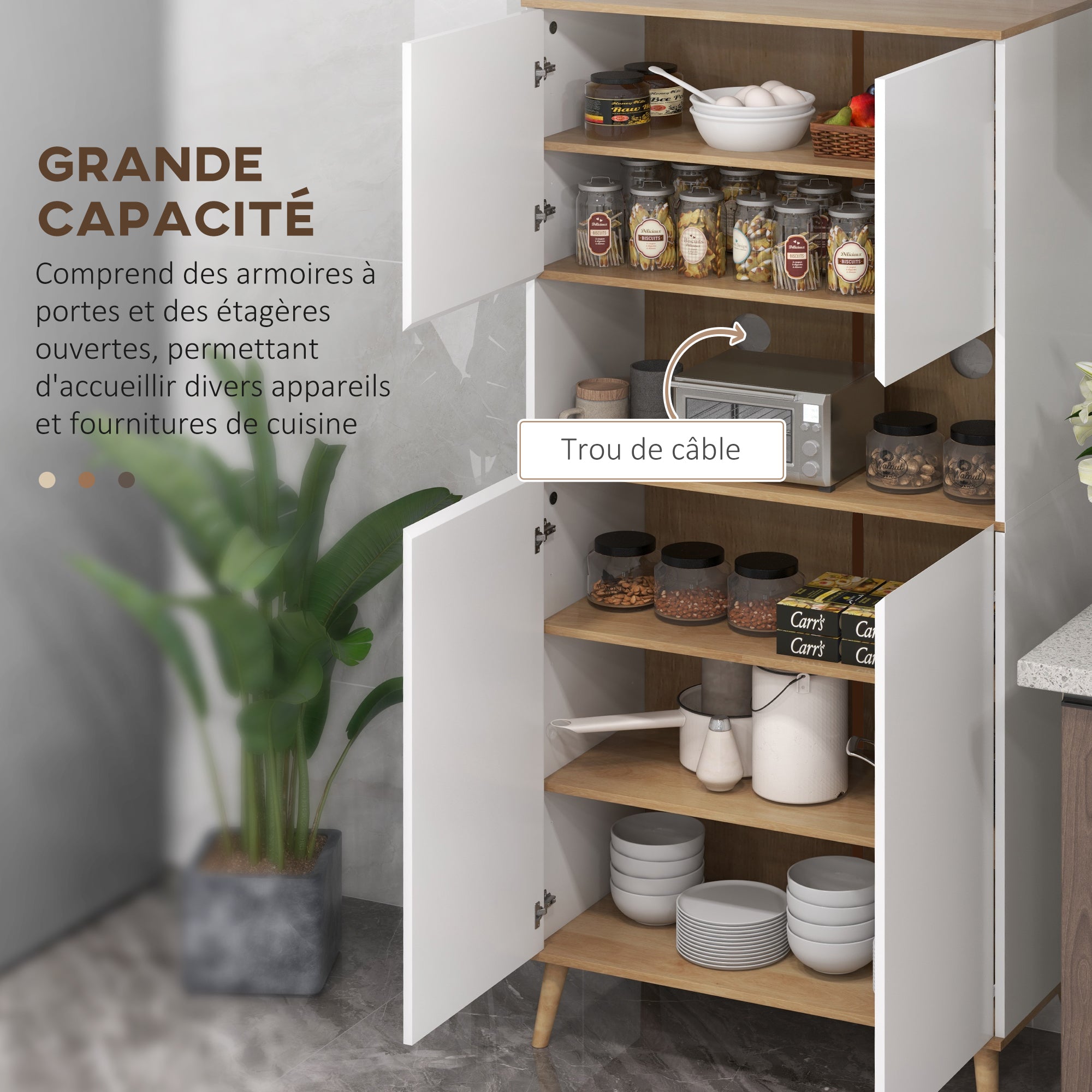 Buffet de cuisine armoire de cuisine 2 placards avec porte étagères réglables niche centrale 2 passe-câbles - 80 x 40 x 178 cm blanc