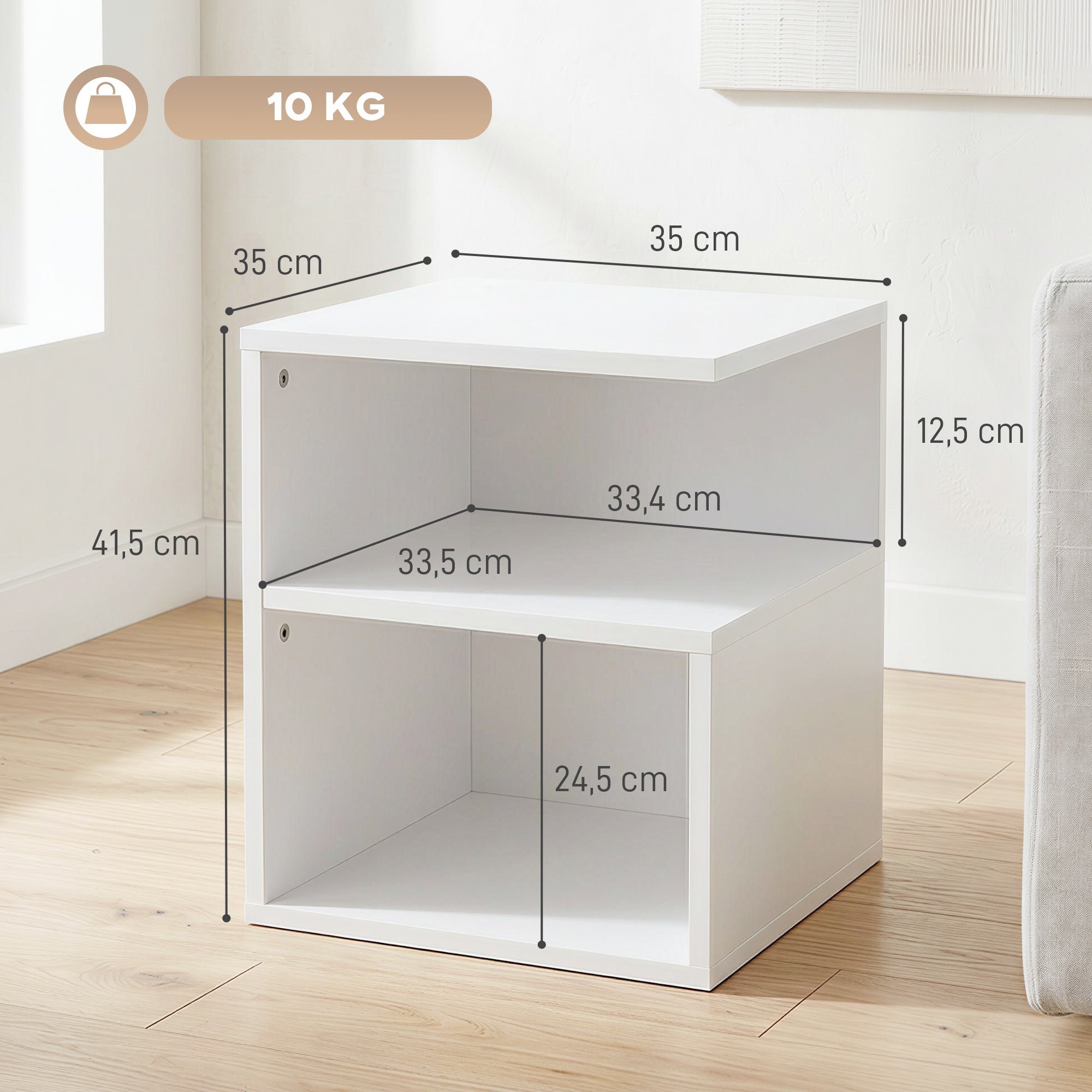 Table d'Appoint, Table Basse Moderne 3 Niveaux avec Étagères Ouvertes, pour Salon, Chambre ou Bureau, 35 x 35 x 41,5 cm, Blanc