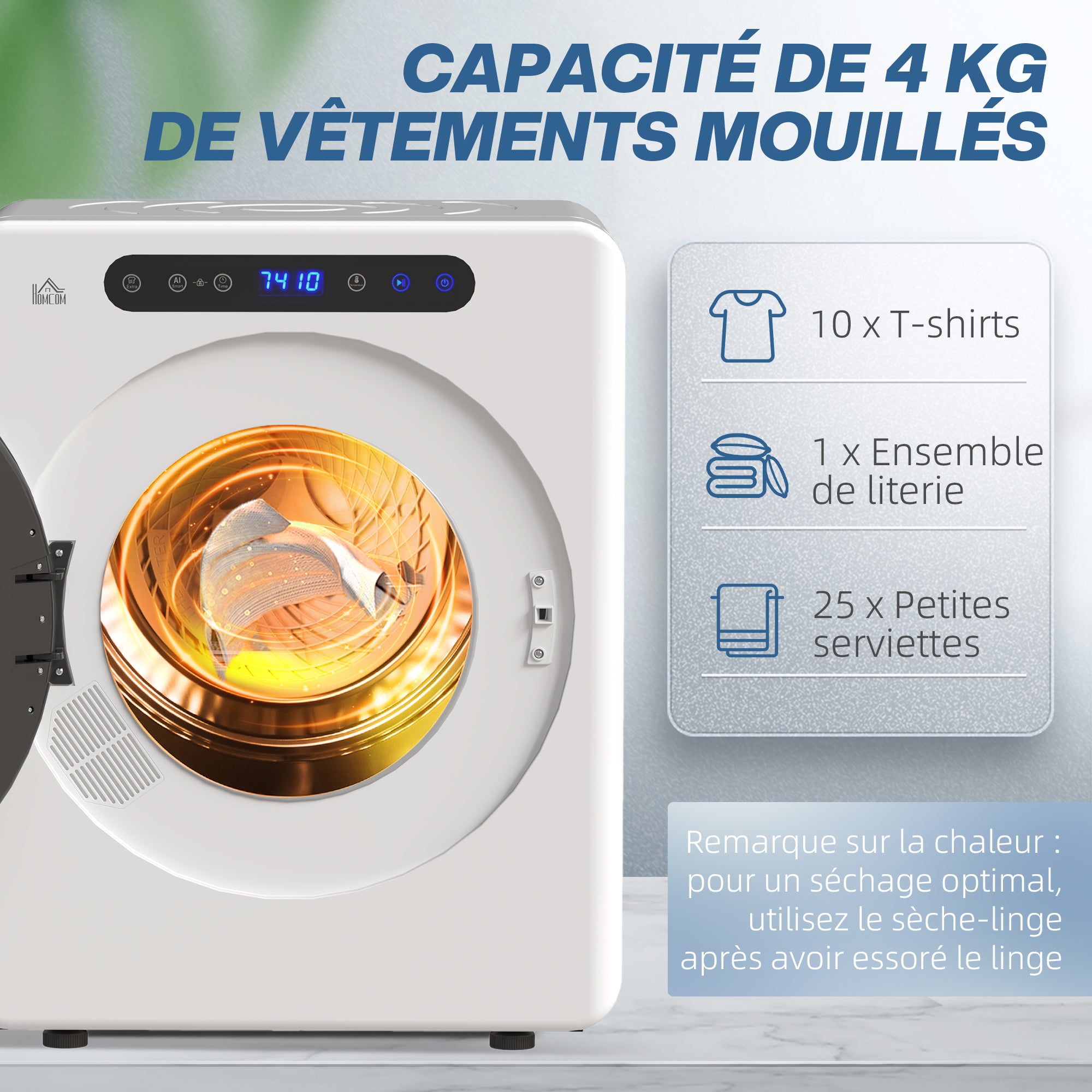 Sèche linge à évacuation compact, sèche-linge électrique 1000 W 3 Kg avec 6 modes de séchage, cuve en acier inoxydable, charge frontale, minuterie, pour appartement, maison, camping-cars, blanc