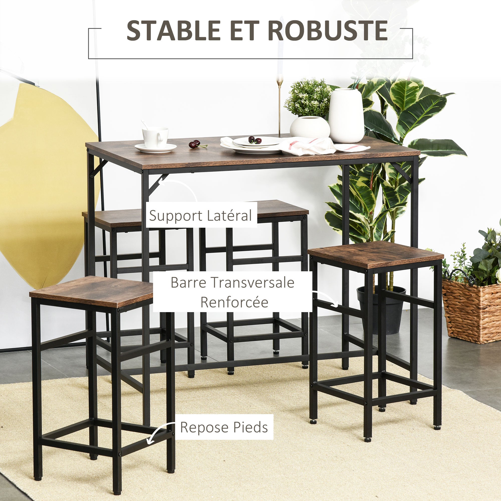Ensemble Table de Bar Industriel + 4 tabourets Repose-Pieds en Bois couleur Chêne Cadre en métal Noir