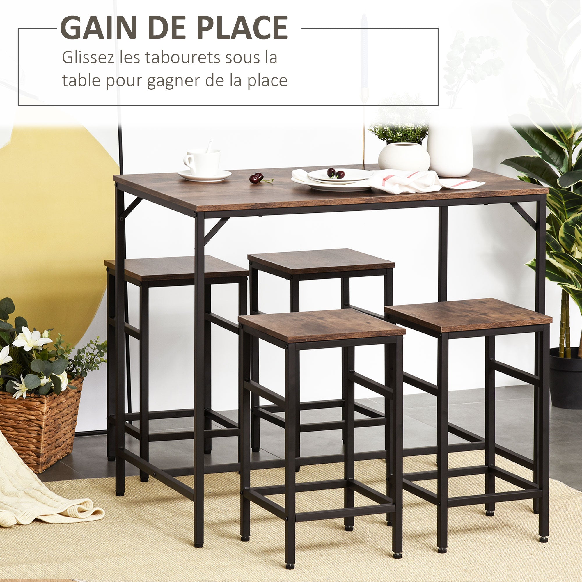 Ensemble Table de Bar Industriel + 4 tabourets Repose-Pieds en Bois couleur Chêne Cadre en métal Noir