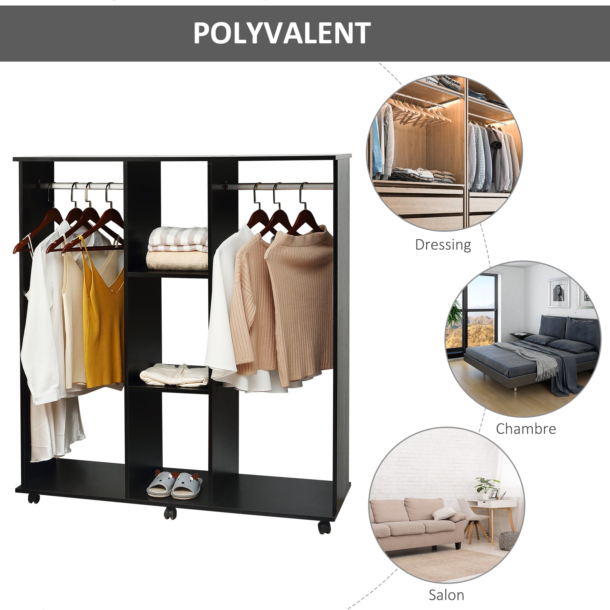 Armoire penderie Meuble de Rangement Mobile 6 roulettes 120L x 40l x 128H cm en bois Noir