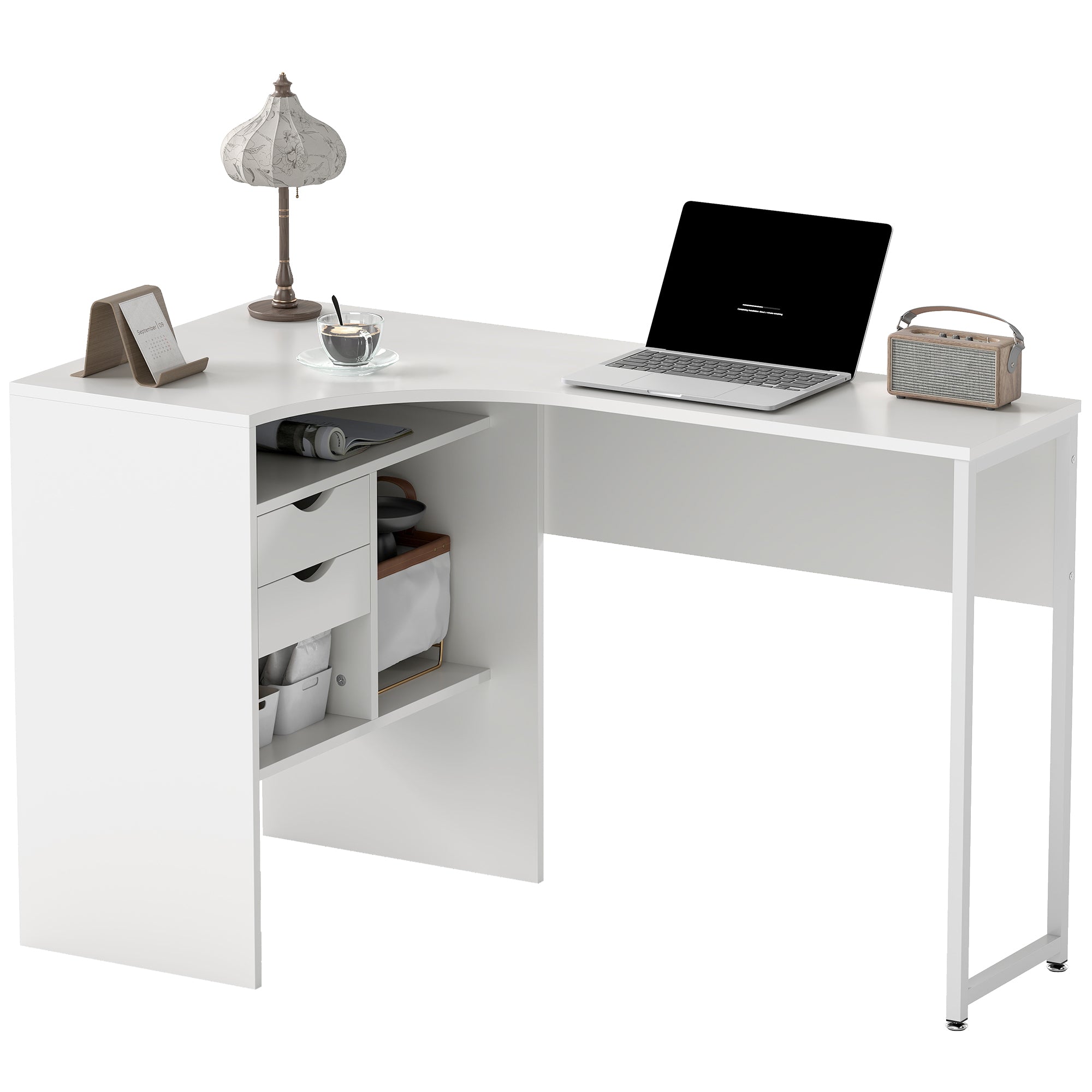 Bureau d'angle avec 2 tiroirs, 120 x 60 cm, bureau en L avec 3 compartiments ouverts, table informatique pour étudier, travailler, chambre, maison, blanc