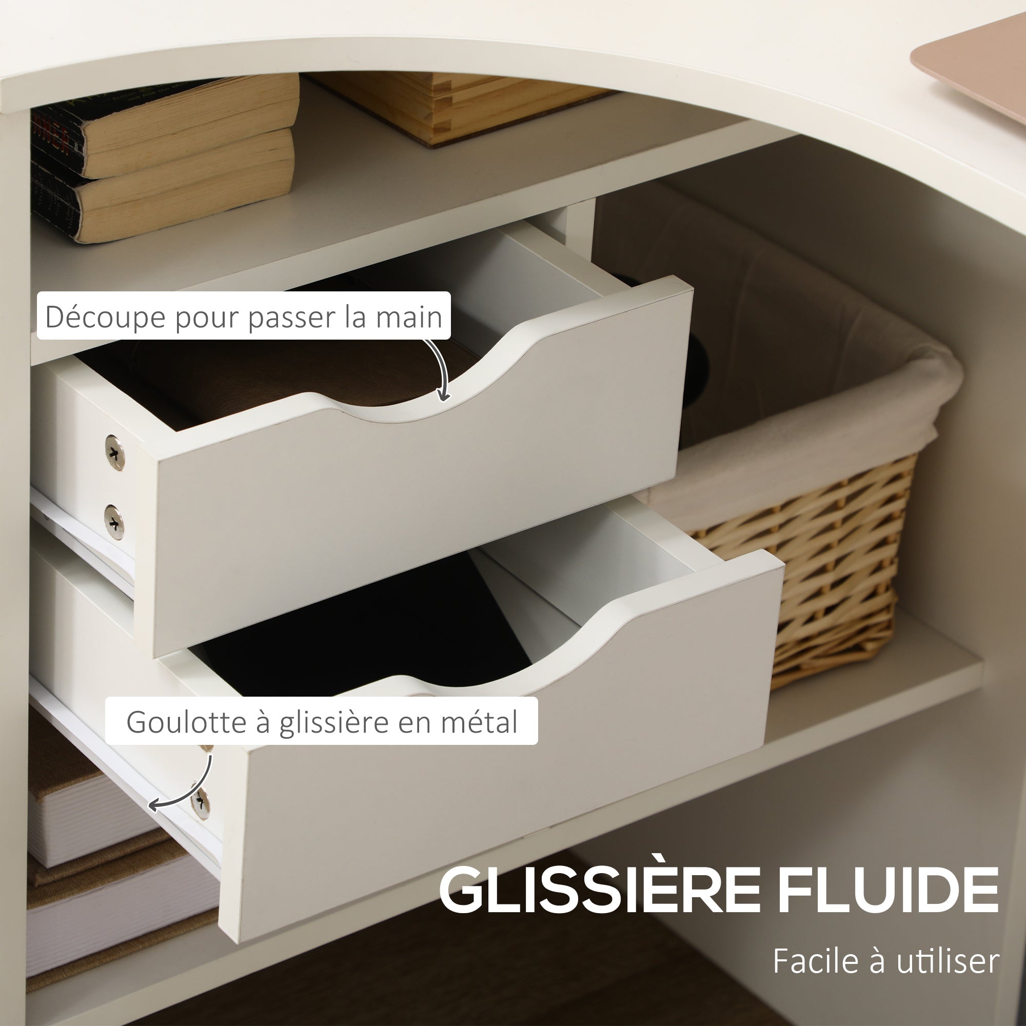 Bureau d'angle avec 2 tiroirs, 120 x 60 cm, bureau en L avec 3 compartiments ouverts, table informatique pour étudier, travailler, chambre, maison, blanc